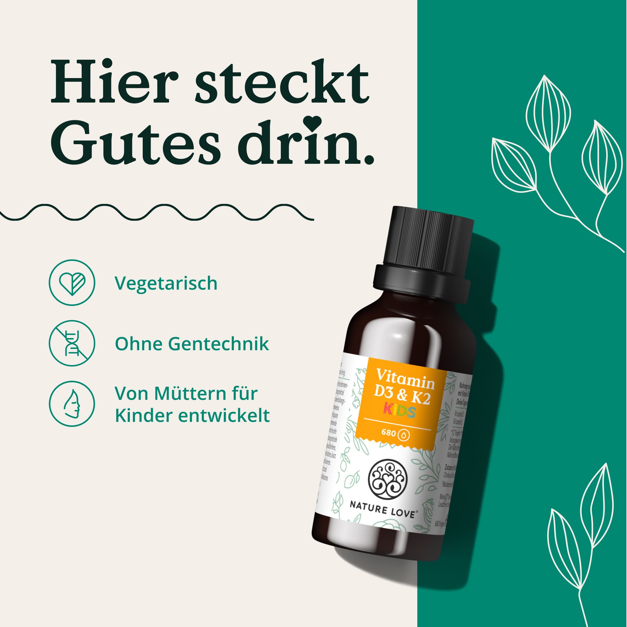 Braune Glasflasche Vitamin D3 & K2 Kids. Schwarzer Deckel. NATURE LOVE® Logo. Vegetarisch, ohne Gentechnik.
