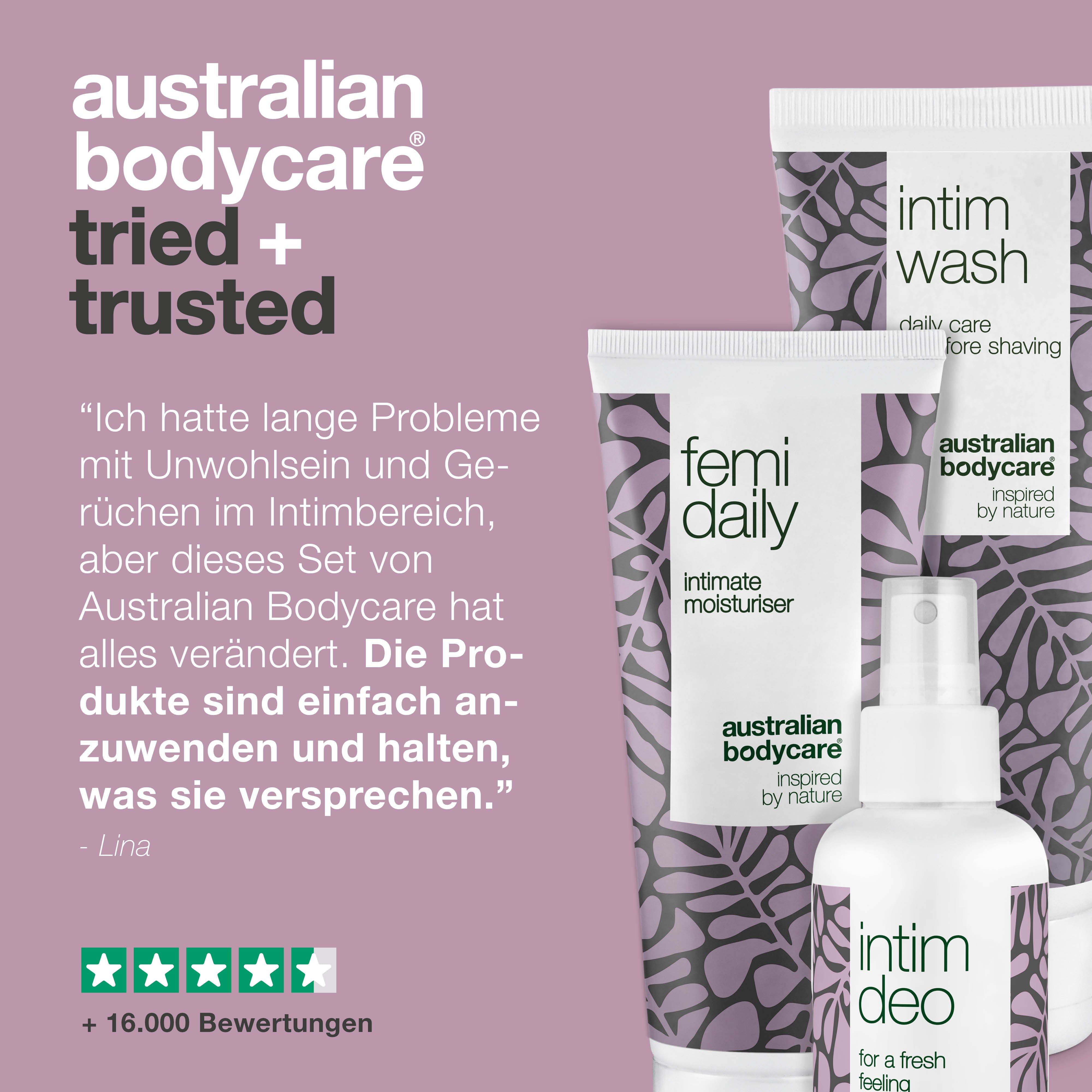 Drei Produkte: Intim Wash, Femi Daily, Intim Deo. Text: Getestet und vertrauenswürdig. Zitat und Bewertungen.