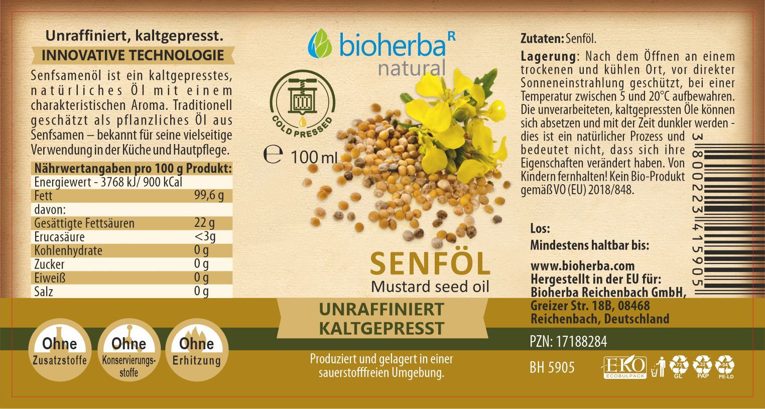 Etikett mit Produktname, Logo, Senfkörnern und Blüte. Text in deutscher Sprache mit Nährwertangaben und Inhaltsstoffen.