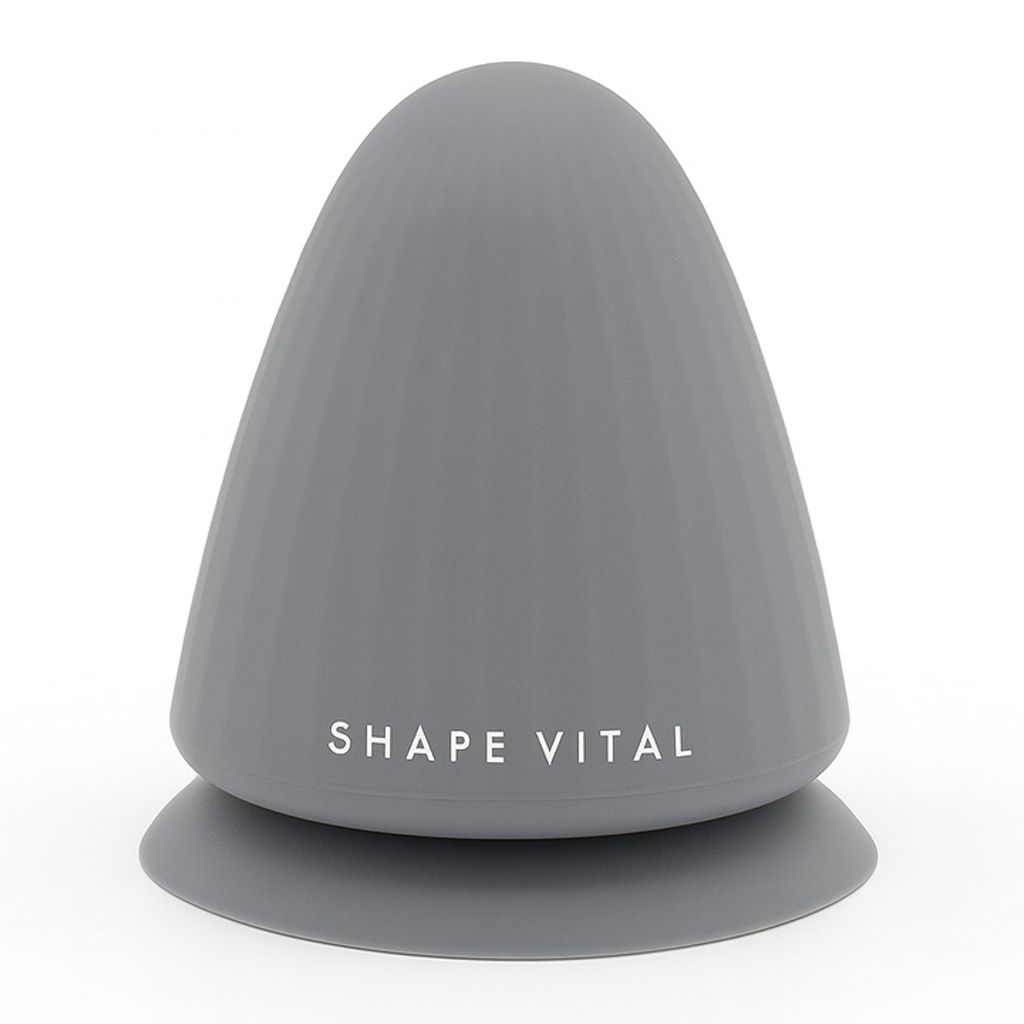 Graues, kegelförmiges Produkt mit der Aufschrift SHAPE VITAL. Es hat eine runde Basis und eine konkave Oberseite.