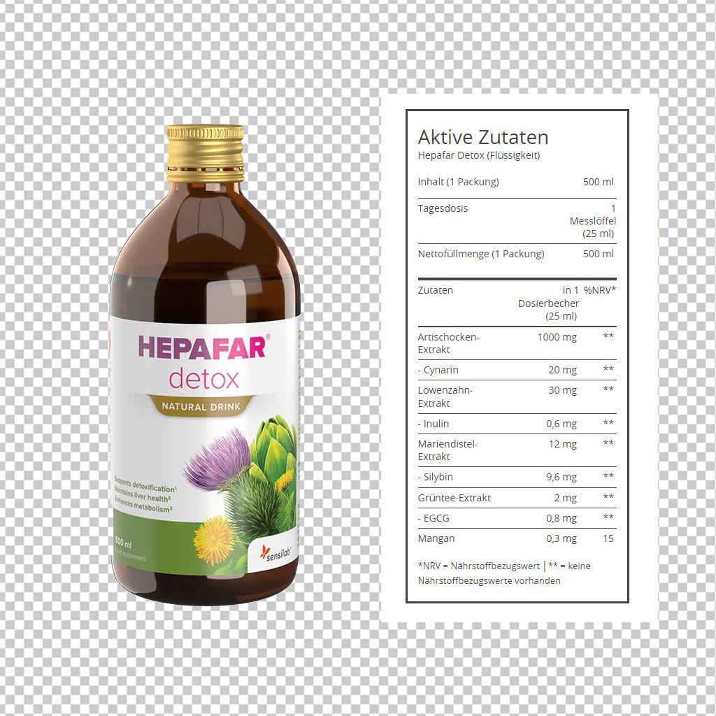 Produktflasche mit Etikett und Zutatenliste. "HEPAFAR detox NATURAL DRINK". Zutatenliste mit Inhaltsangaben in Deutsch.
