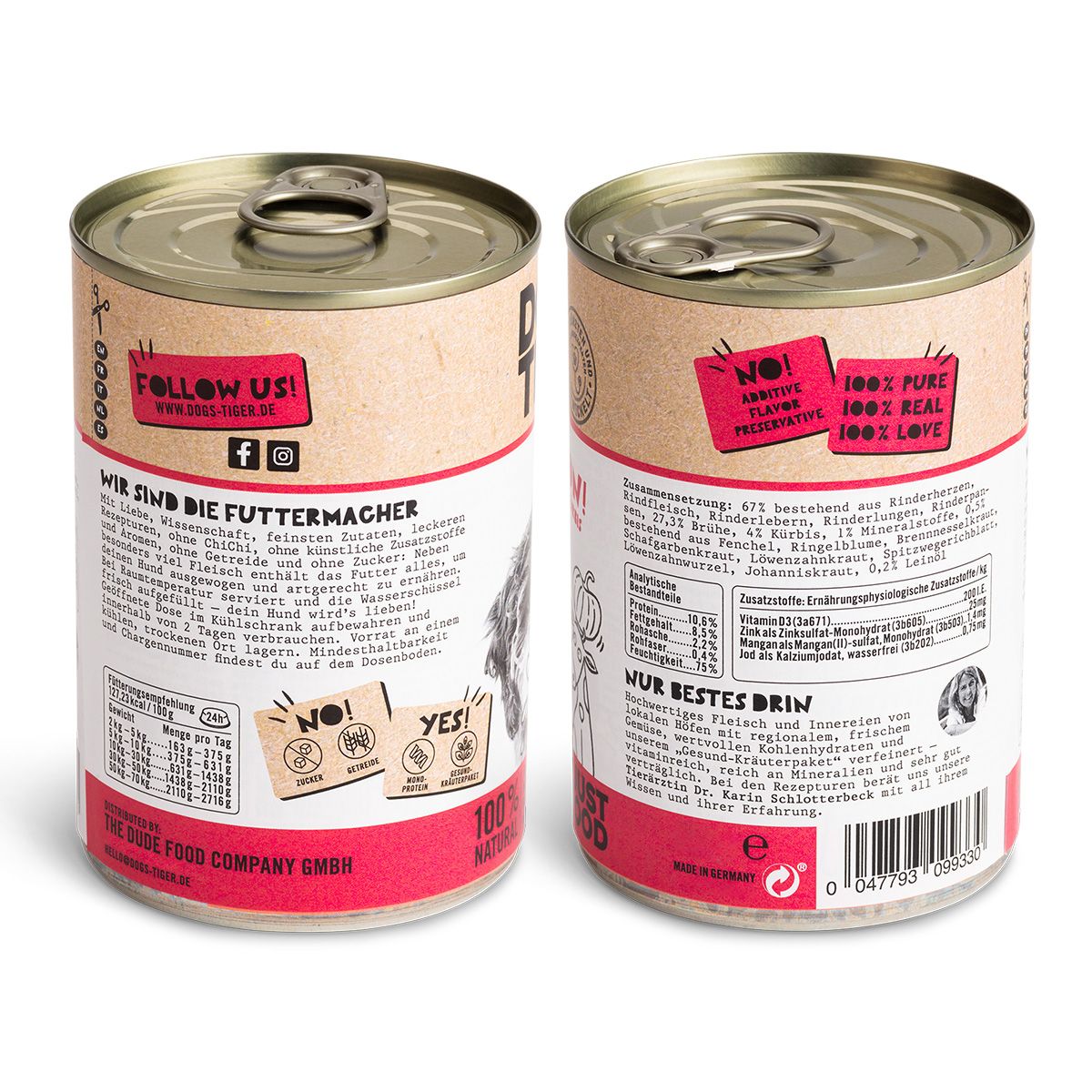 Hundefutterdose "Dogs'n Tiger". Rückseite mit Text und Nährwertangaben. Aufdrucke: "100% Real", "100% Pure", "Yes!", "No!".