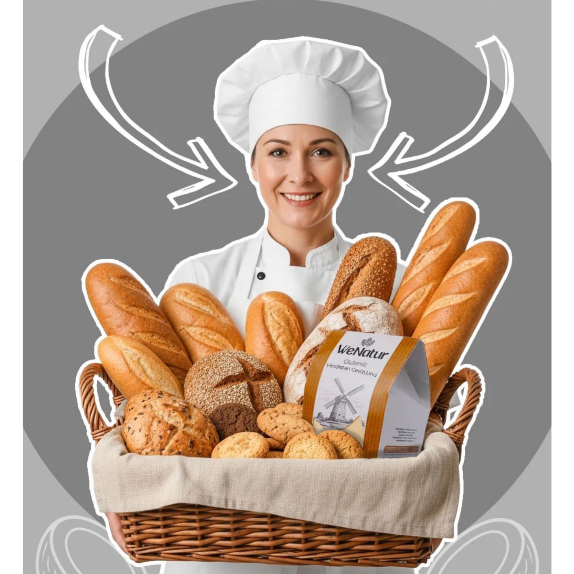 Bäckerin mit einem Korb voller Brot und Brötchen, mit einer Packung Kokosmehl.