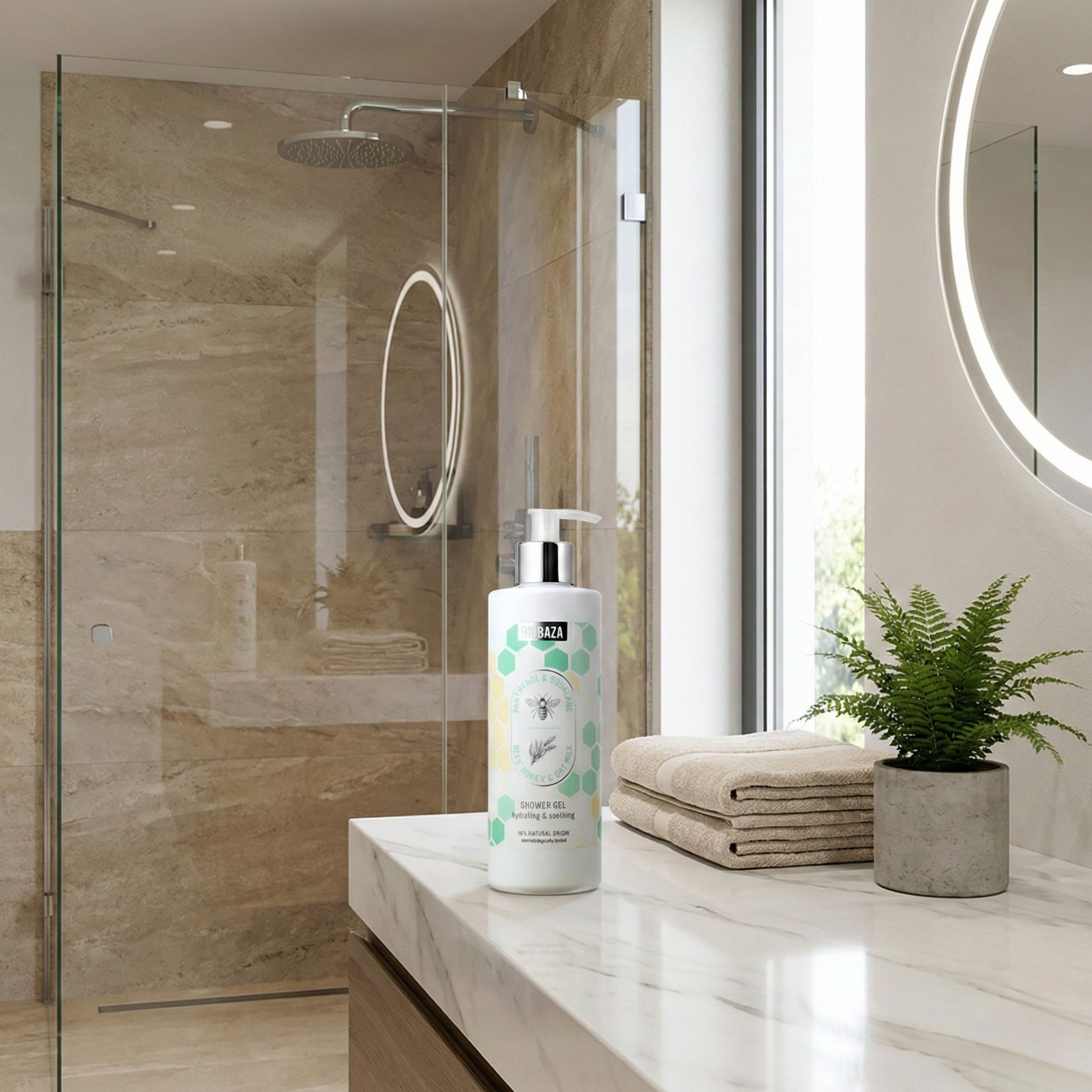 Biobaza 2in1 Duschgel, weiße Flasche mit Pumpe, auf Marmortisch. Im Hintergrund Spiegel, Handtücher, Pflanze.