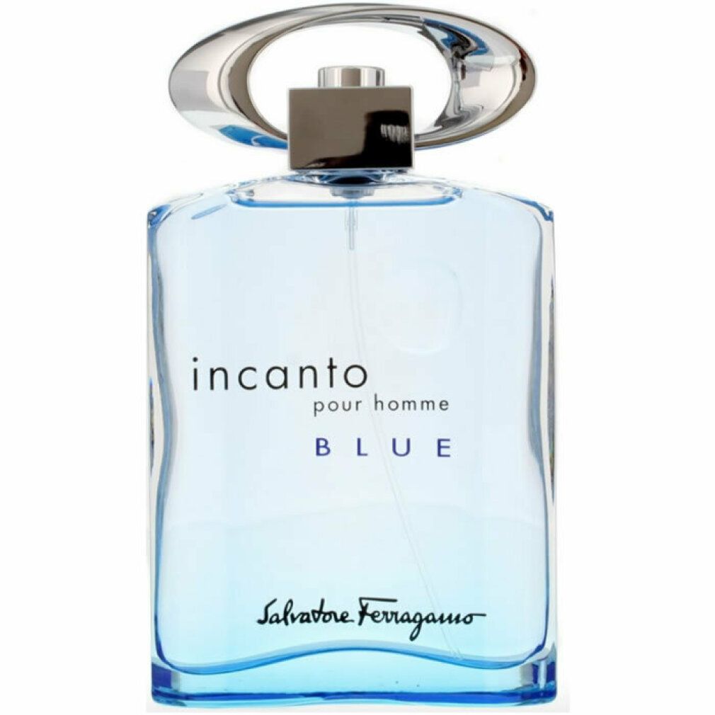 Hellblaues Parfümflakon mit silberfarbenem Verschluss. Aufschrift: Incanto pour homme Blu, Salvatore Ferragamo.