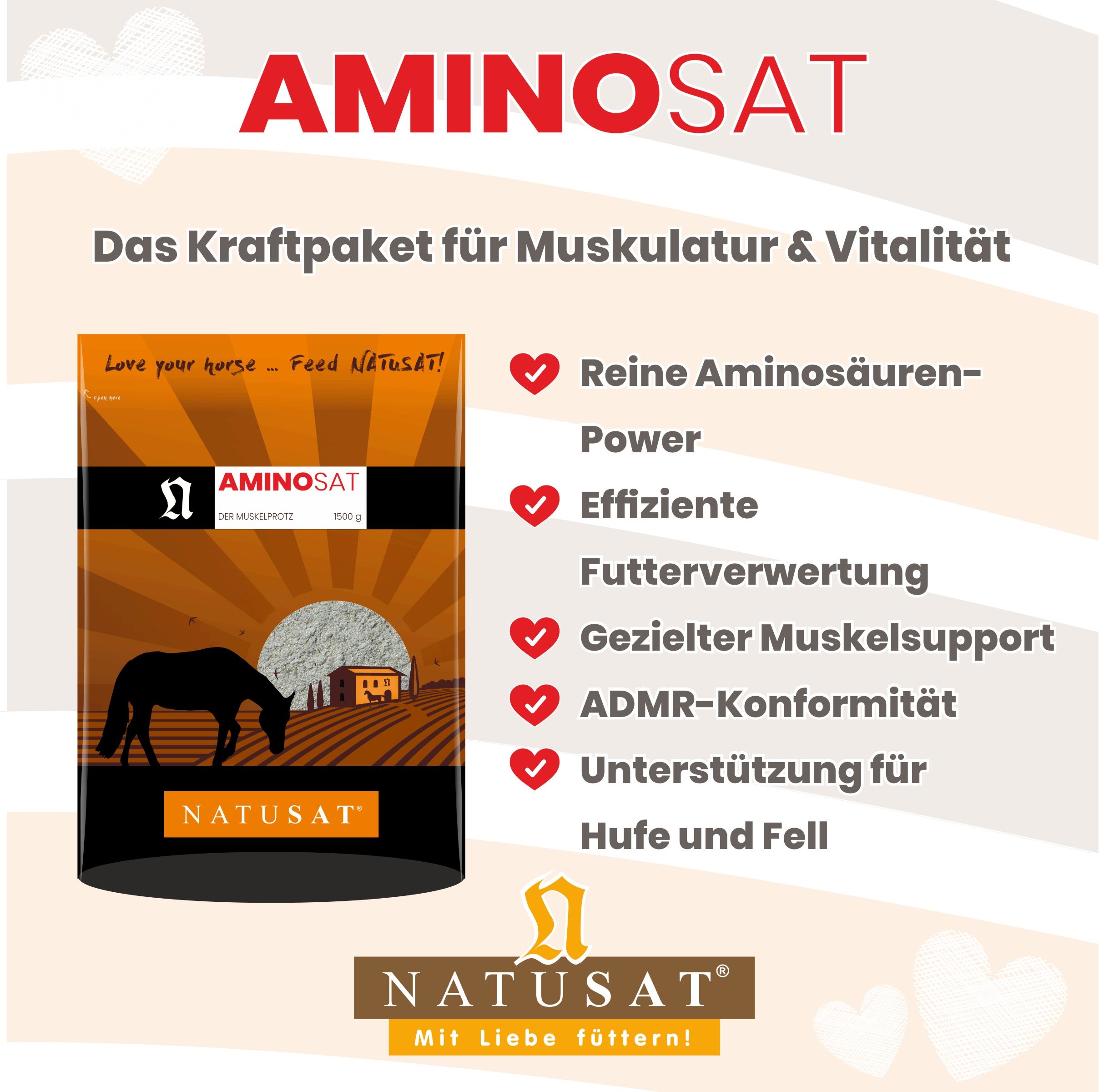 NATUSAT AMINOSAT Futterbeutel neben einer Liste von Produktvorteilen.