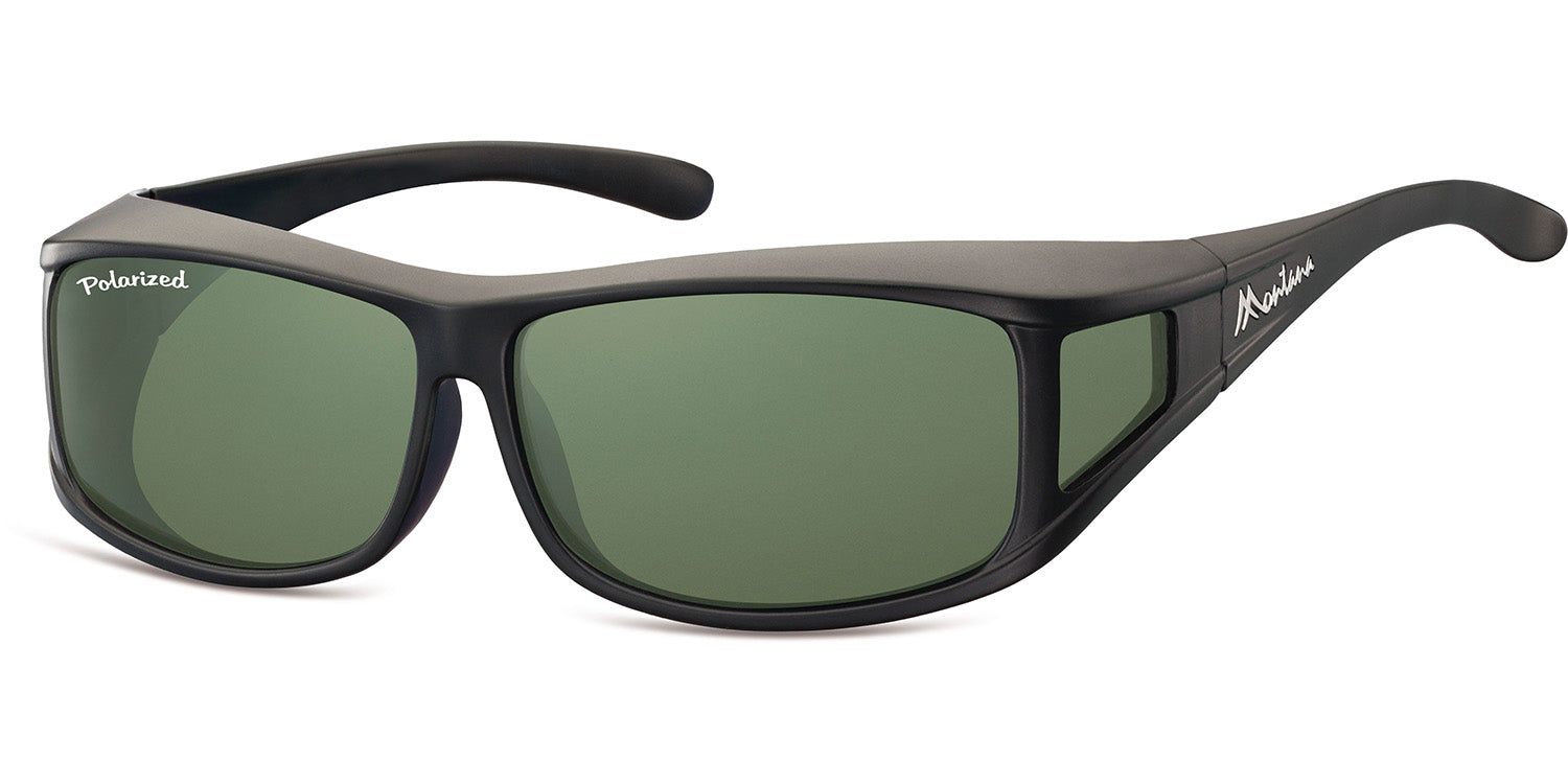 Schwarze Sonnen-Überbrille mit grünen Gläsern. Auf dem linken Glas steht "Polarized". Am Bügel steht "Montana".