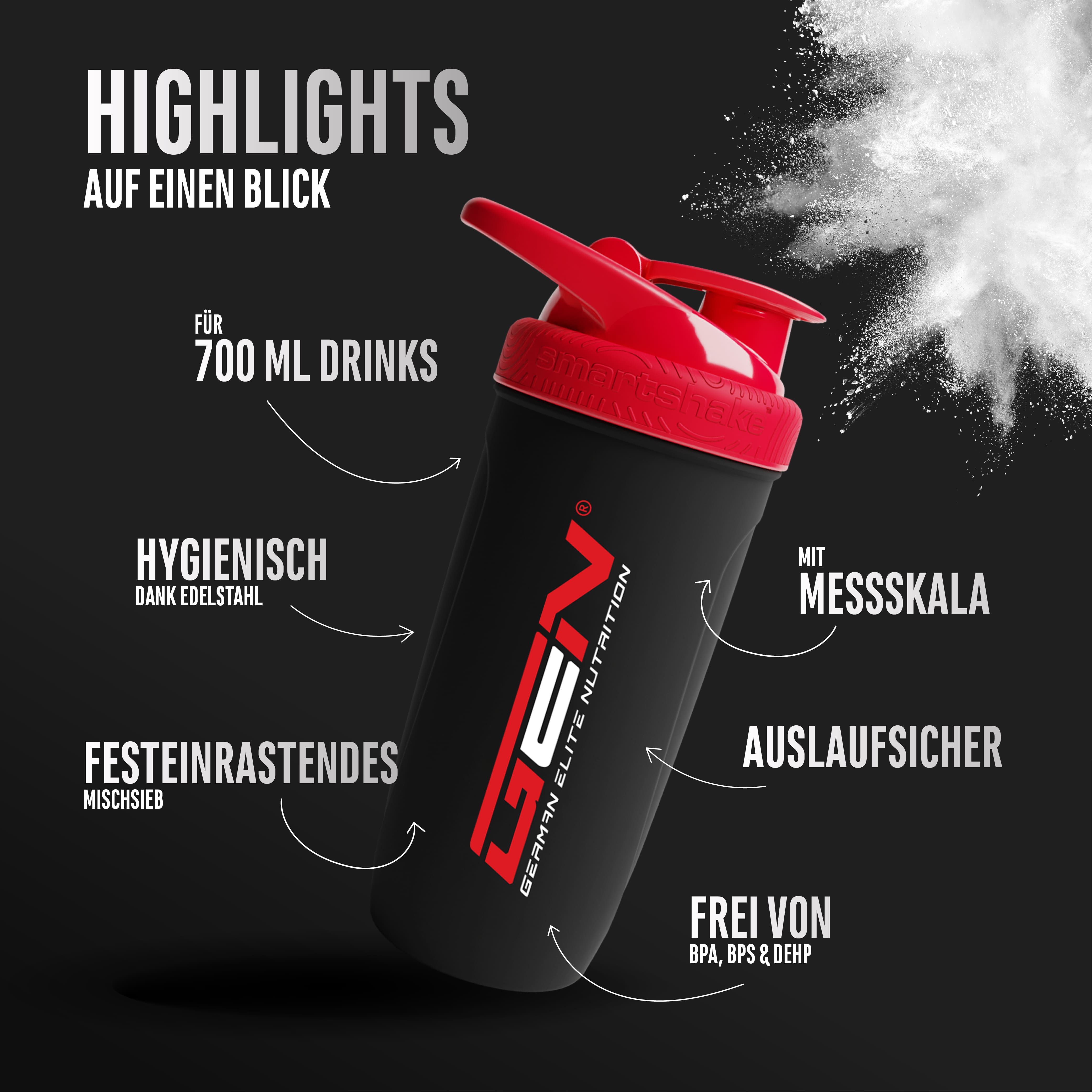 Schwarzer Shaker mit rotem Deckel. GEN-Logo. Text: 700 ml Drinks, hygienisch, auslaufsicher, mit Messskala.