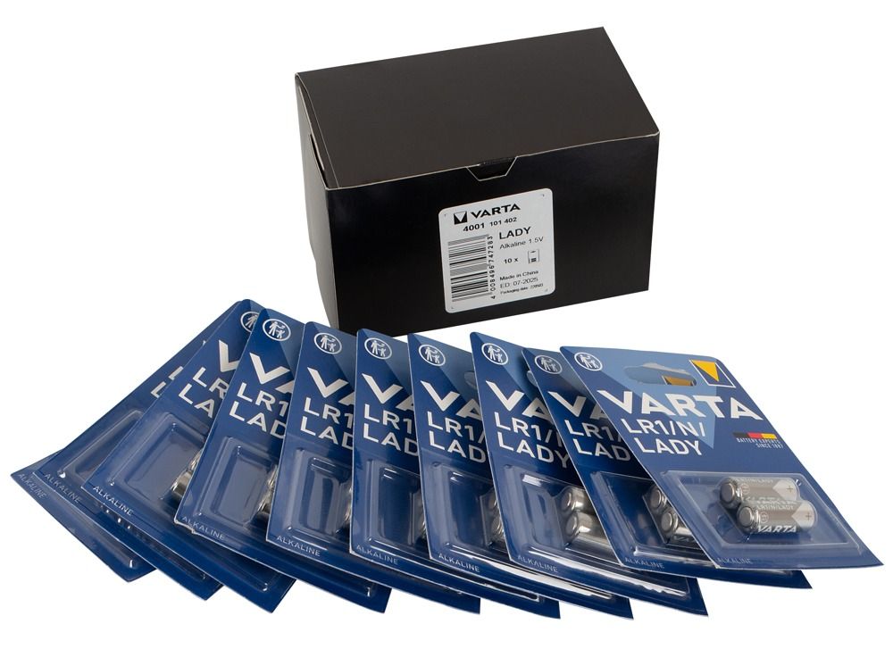 Varta Lady LR1 Batterien in Blisterverpackungen und einer schwarzen Kartonbox.