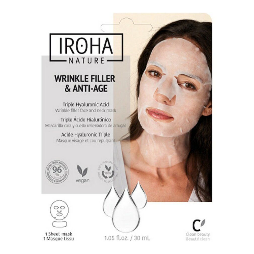 Gesichtsmaske mit Faltenfüller und Anti-Age-Effekt. Verpackung mit Frau, Maske auf dem Gesicht. Marke IROHA Nature.