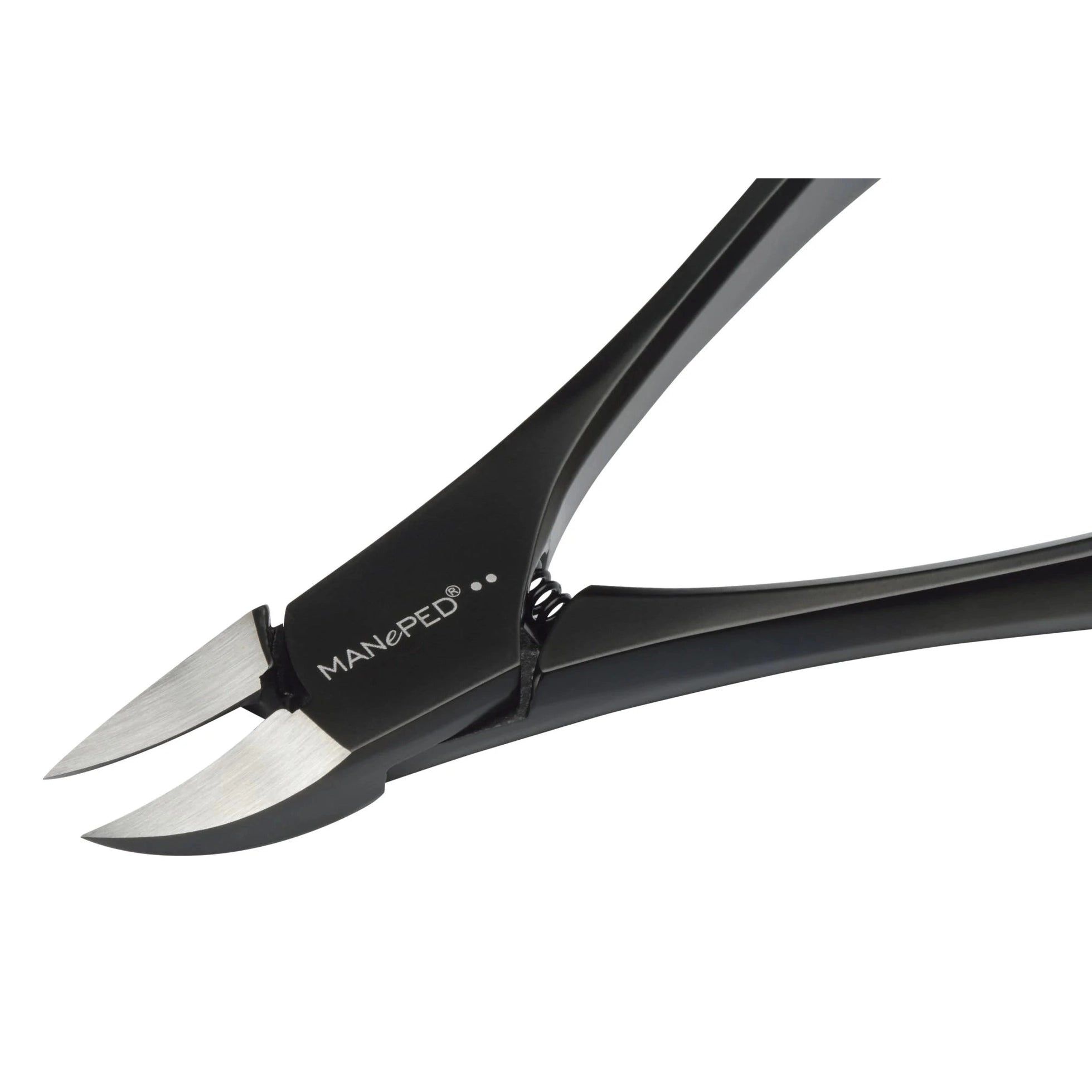 Schwarze Nagelzange, MANePED-Logo. Schneidkanten aus Metall, offene Form.