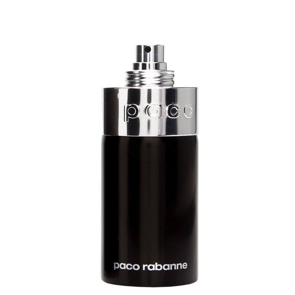 Schwarze Flasche mit silbernem Deckel. Paco Rabanne-Schriftzug. Eau de Toilette Natural Spray.
