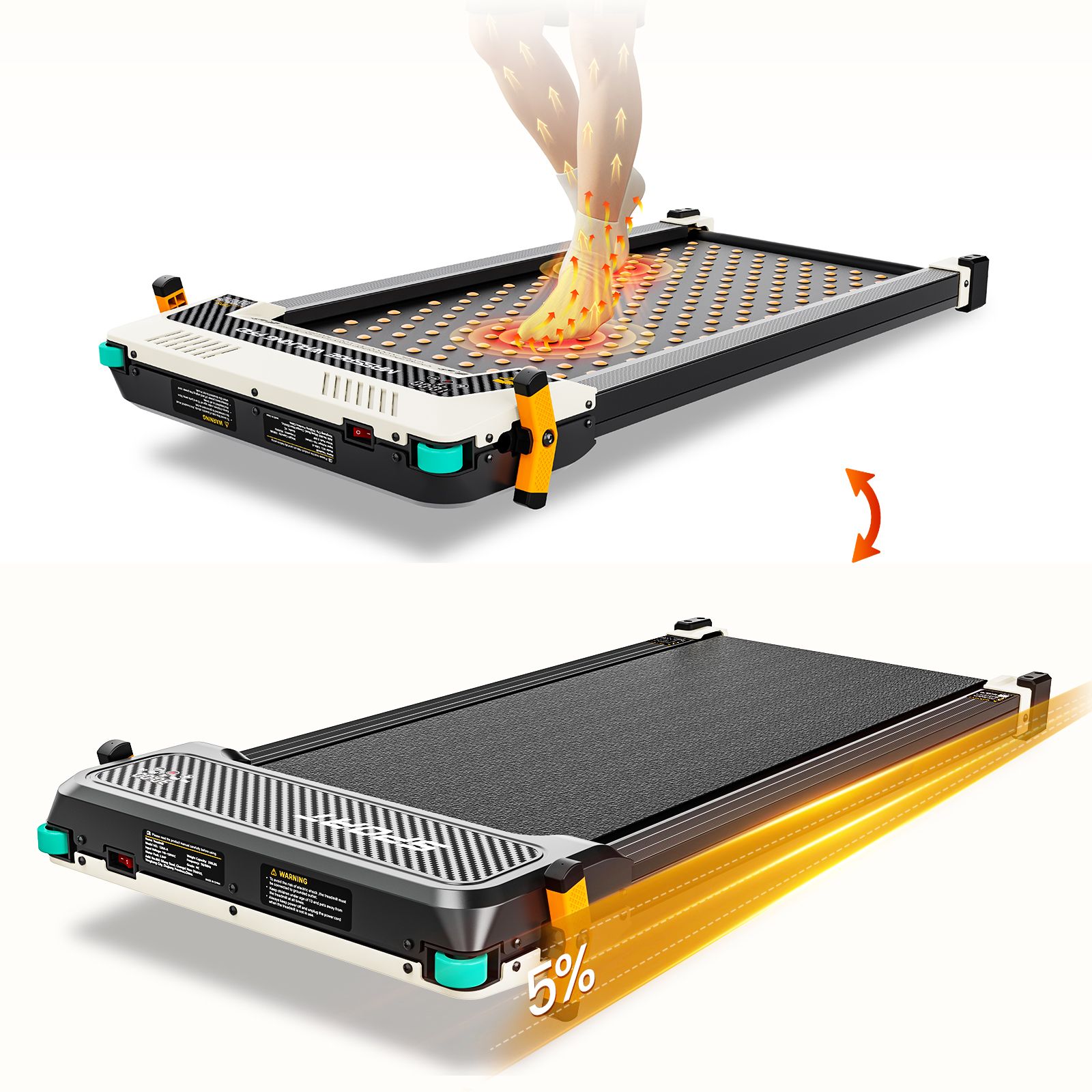 Flaches, schwarzes Laufband mit Fußmassage-Effekt. Grün-schwarze Details. Oberes Bild: Füße auf dem Laufband. Unteres Bild: Laufband.