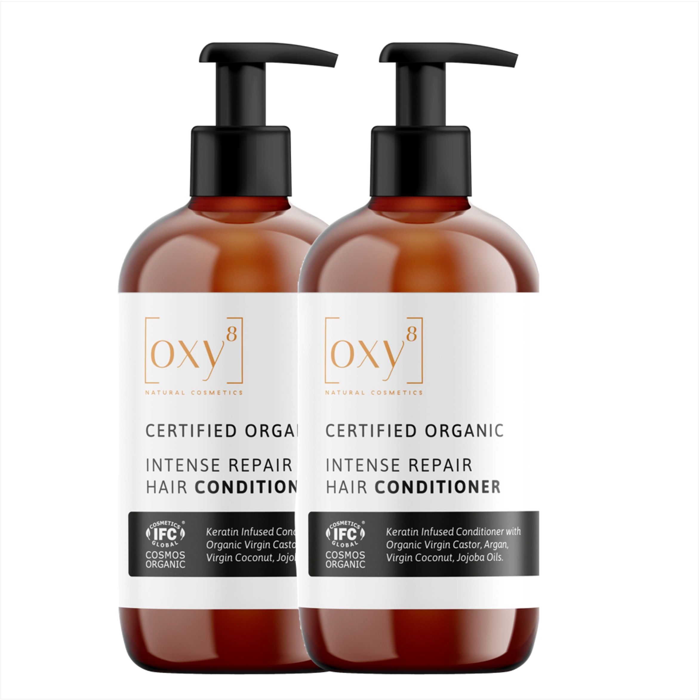 Zwei Flaschen Haarspülung mit schwarzem Pumpverschluss. Aufschrift: INTENSE REPAIR HAIR CONDITIONER. Zertifiziertes Bio.