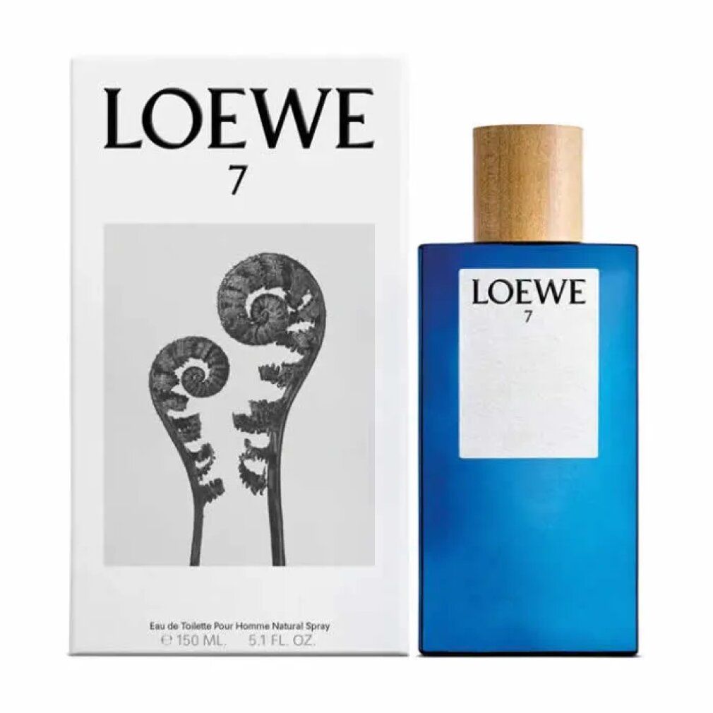 Blaues Flakon mit Holzverschluss neben weißer Schachtel. Auf der Schachtel steht "LOEWE 7".