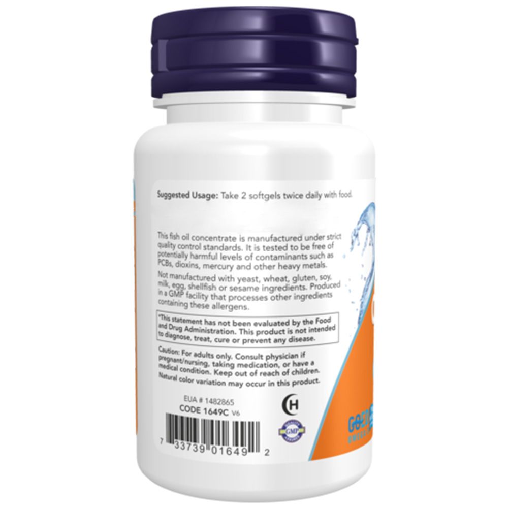 Rückseite der Flasche. Empfohlene Anwendung: 2 Softgels zweimal täglich mit Nahrung. Enthält Fischöl.