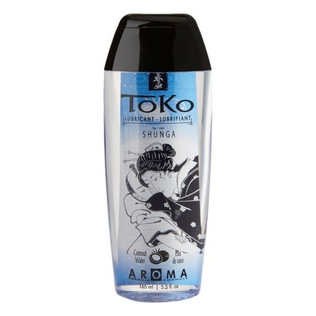 ToKo Shunga Kokoswasser Gleitmittel in transparenter Flasche mit schwarzem Verschluss. Japanische Illustration auf dem Etikett.
