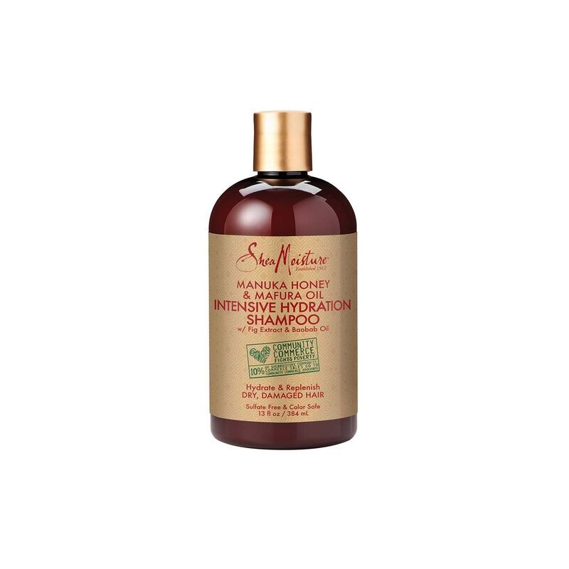 Flasche Shea Moisture Intensives Feuchtigkeitsshampoo mit Manuka Honig & Mafura Öl. Für trockenes, geschädigtes Haar.