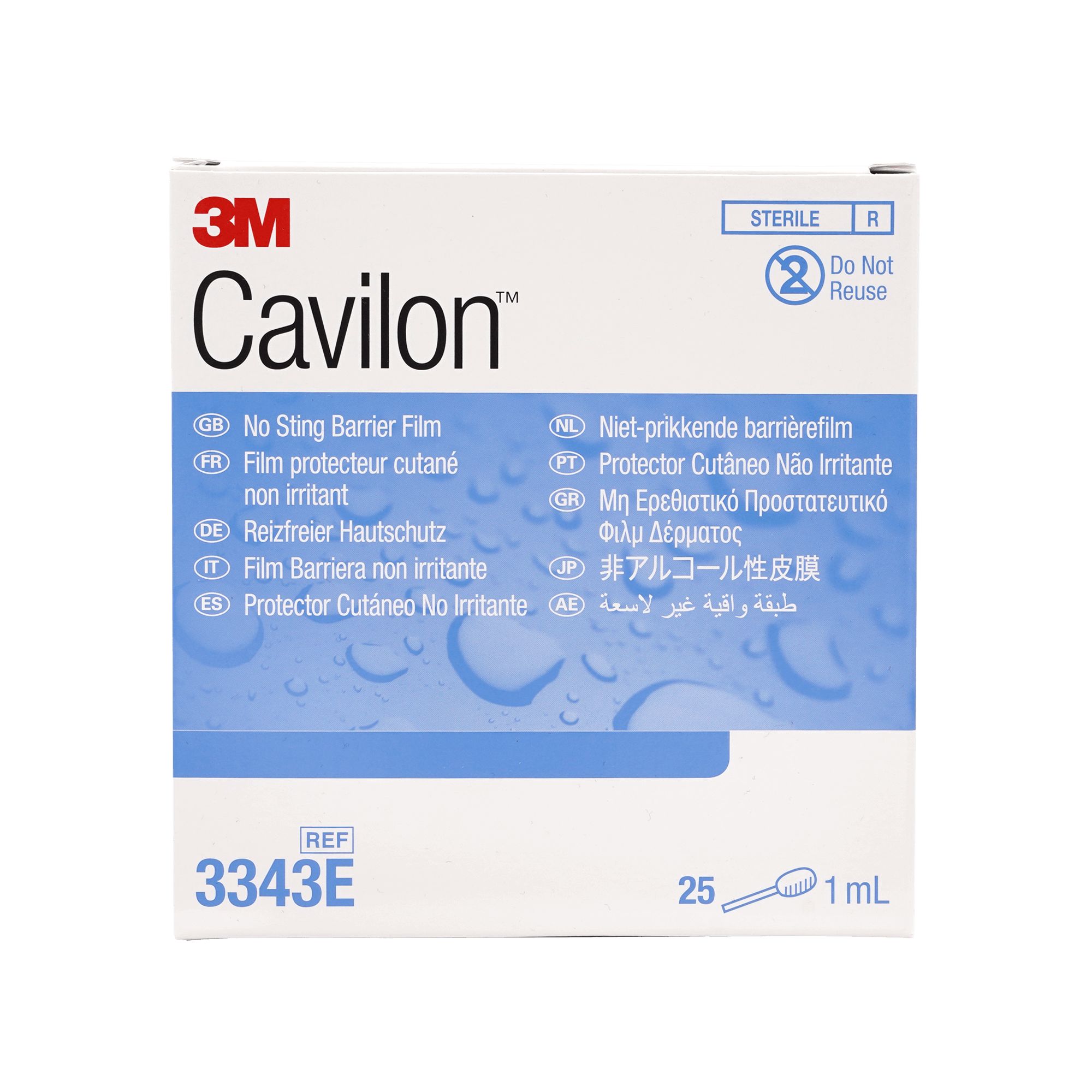 Verpackung von Cavilon, mit Produktnamen und 3M-Logo. Enthält 25 Applikatoren à 1 ml. Steril, nicht wiederverwenden.