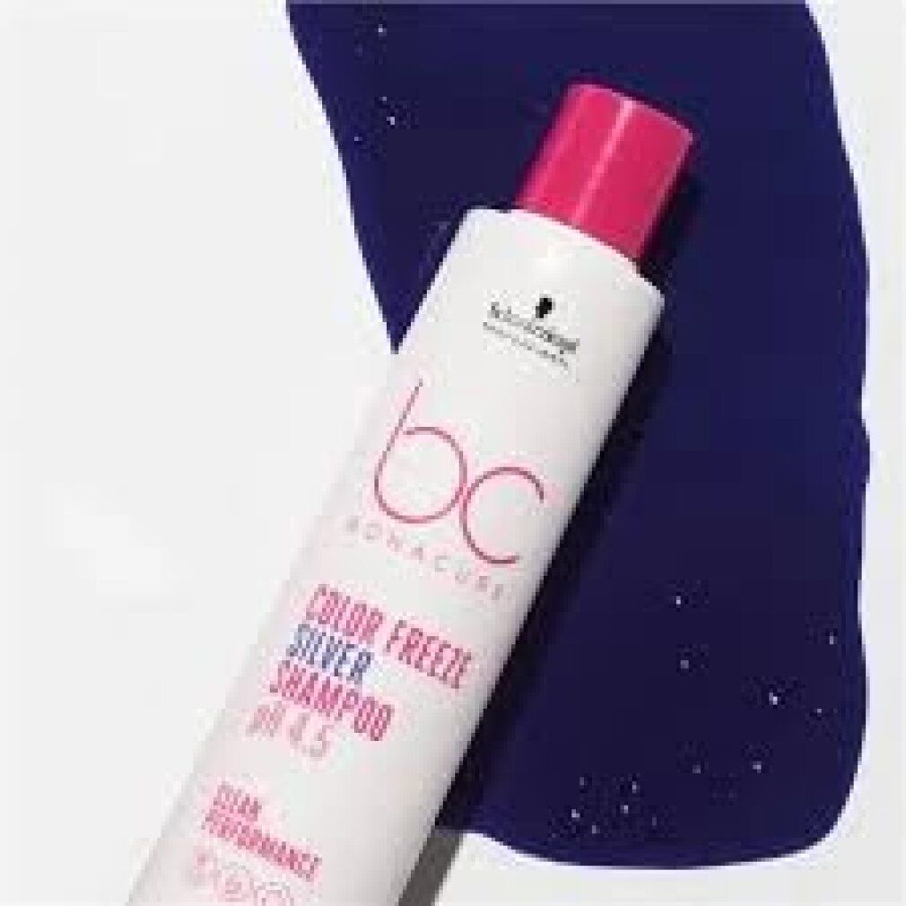 Weißes Shampoo mit pinkfarbenem Deckel und lila Flüssigkeit. Aufschrift: Schwarzkopf, BC Bonacure Color Freeze Silver Shampoo pH 4.5.