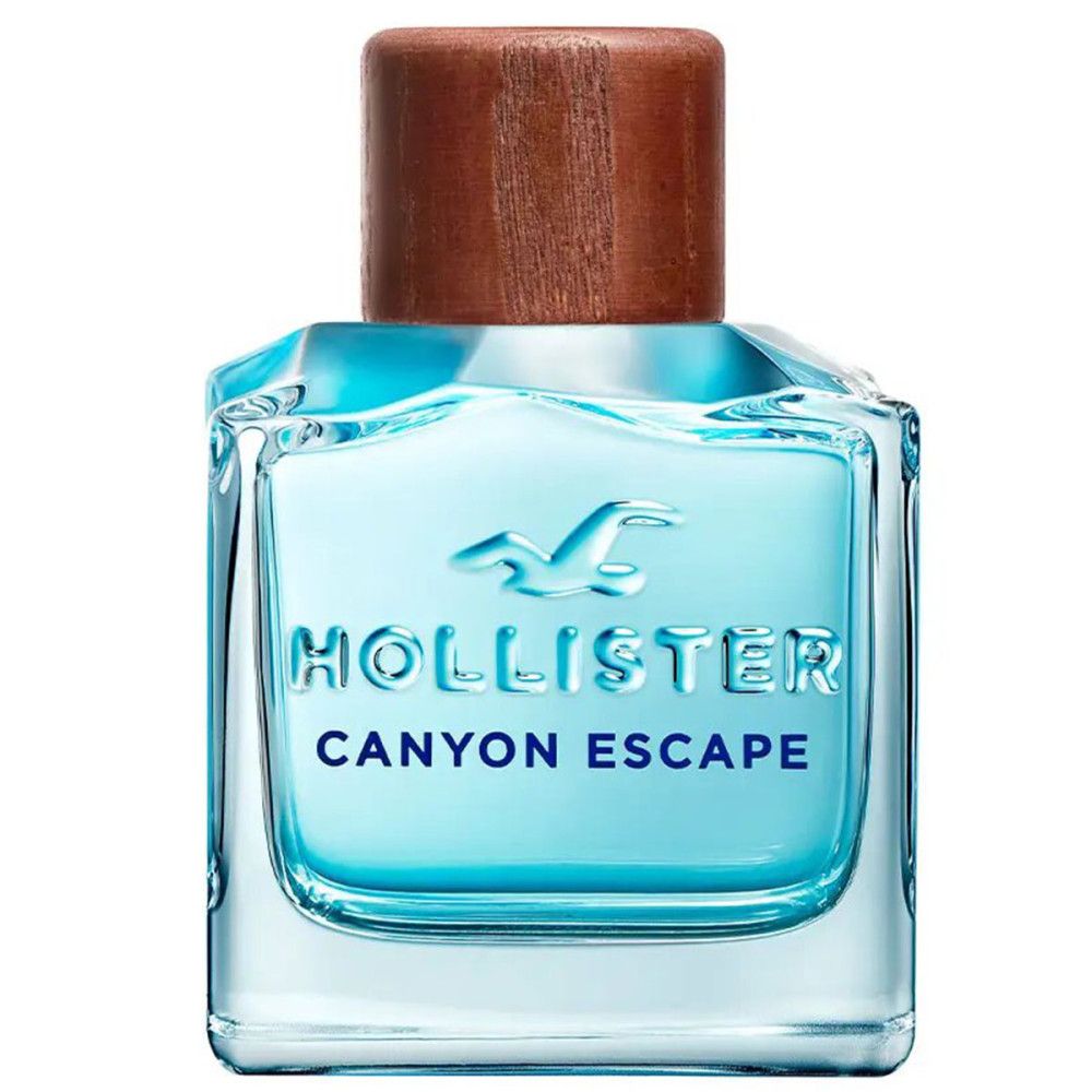 Hollister Canyon Escape Eau de Toilette Flakon mit Holzdeckel. Quadratische Form, blaue Flüssigkeit.