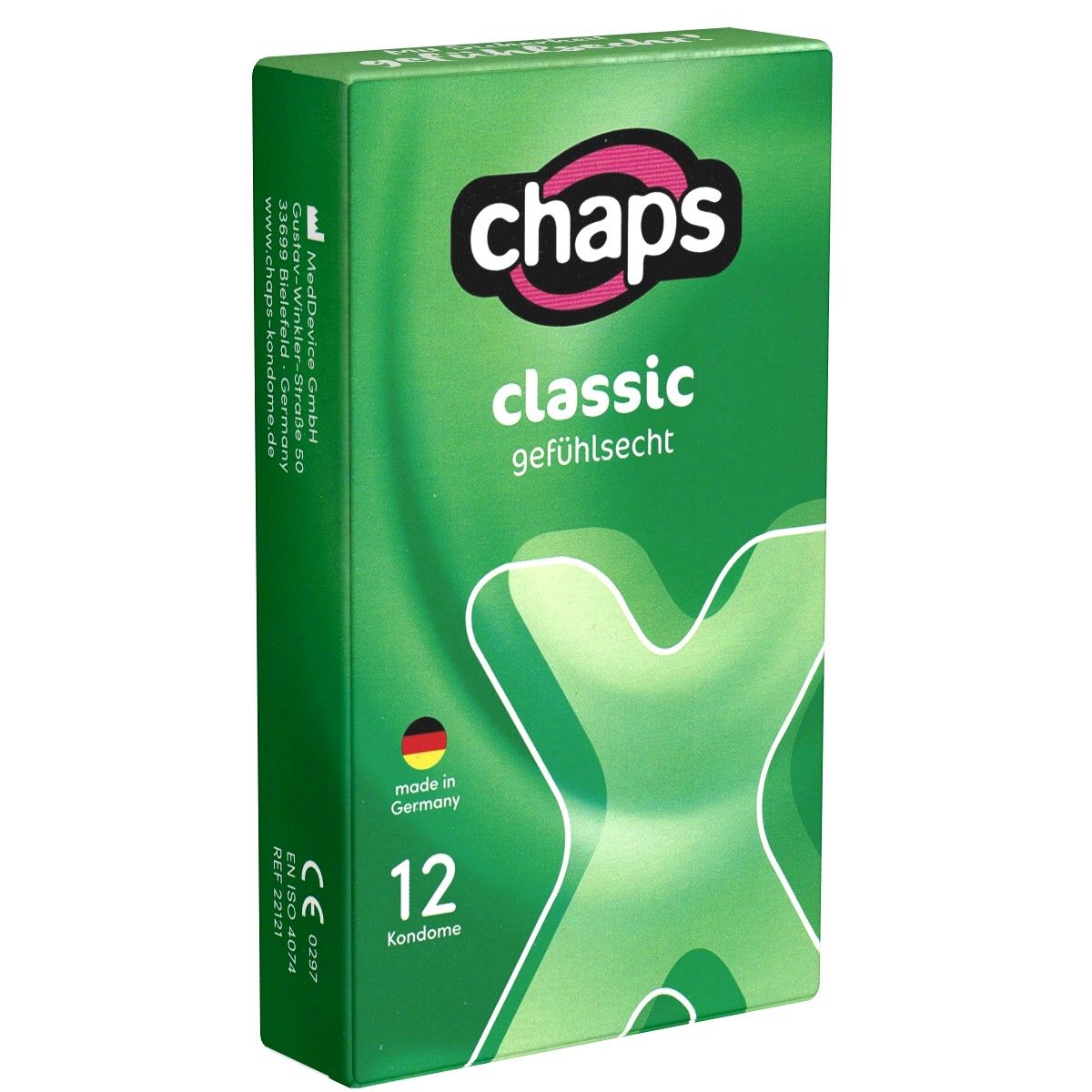 Chaps Classic Kondome, 12 Stück. Grüne Verpackung mit weißer Schrift und Logo.