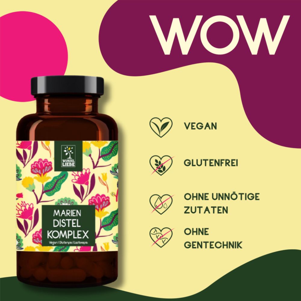 Flasche mit floralem Etikett. Text: Mariendistel Komplex, Vegan, Glutenfrei, Ohne unnötige Zutaten, Ohne Gentechnik. Logo: Wurzel Liebe.
