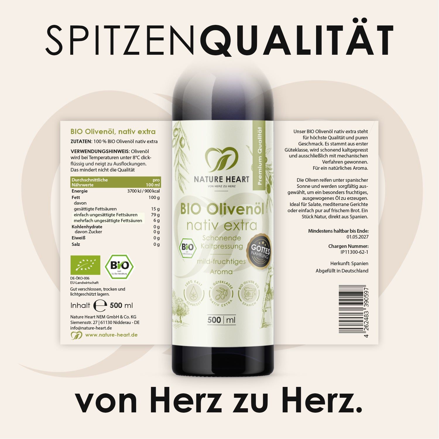 Etikett mit Text und Nährwertangaben. BIO Olivenöl nativ extra. Logo, Siegel, 500 ml. Hintergrund: weiß.