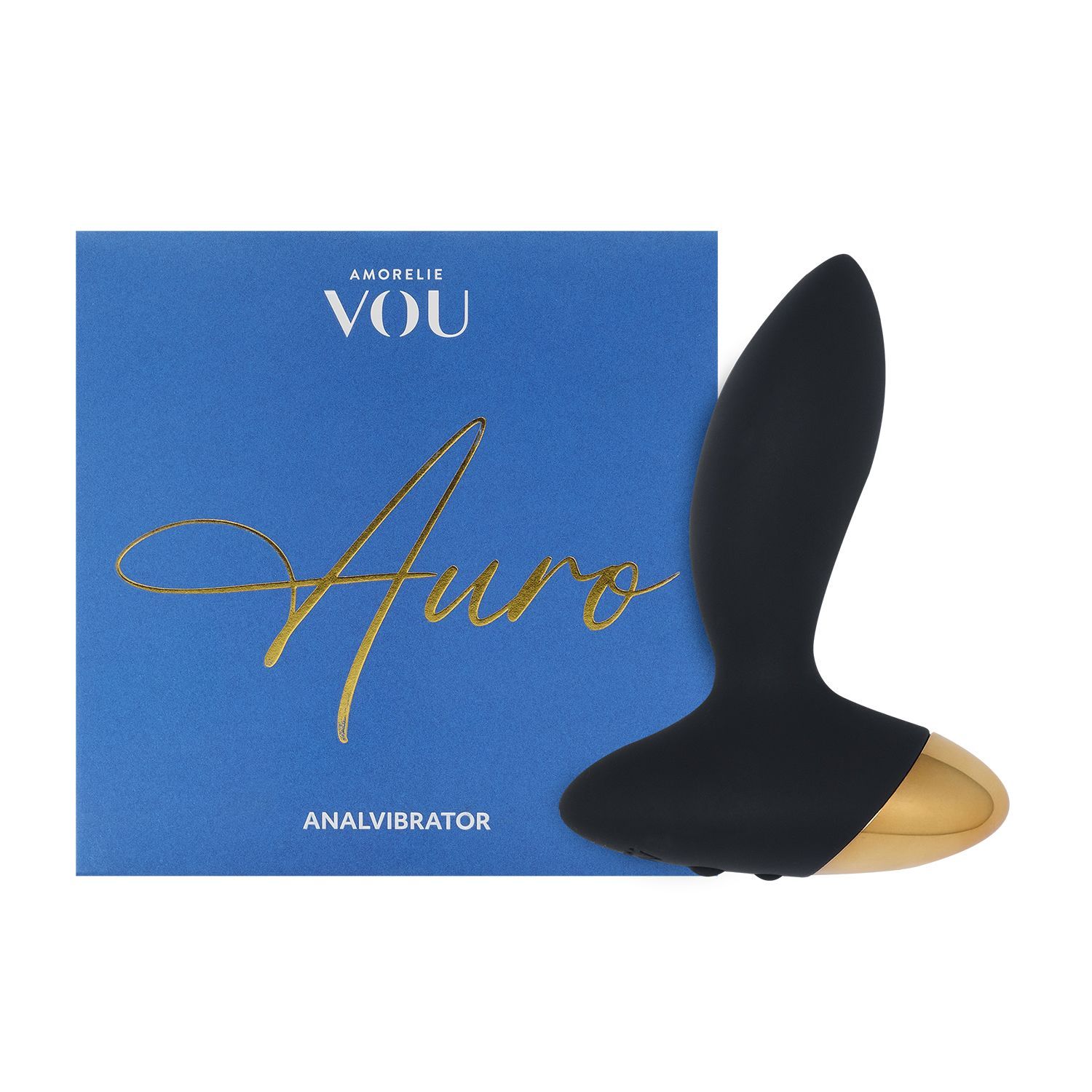 Produktverpackung mit Analvibrator. Text: AMORELIE VOU »Auro« ANALVIBRATOR. Blaue Schachtel mit goldenem Schriftzug.