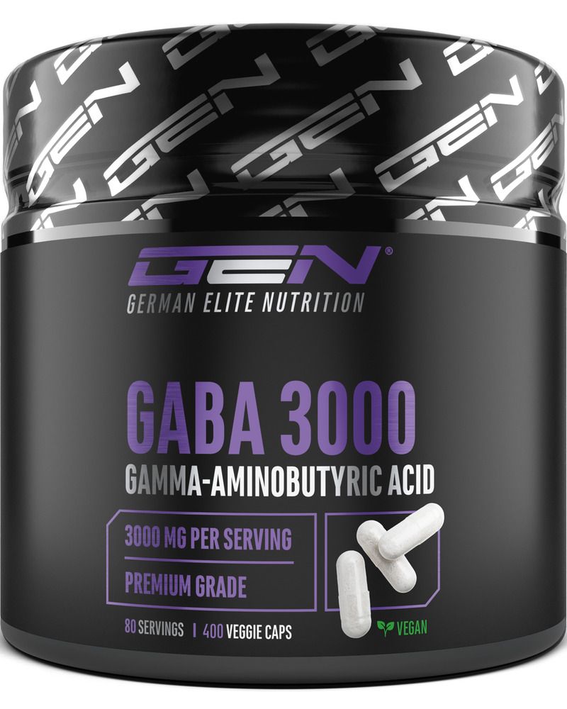 Dose mit Kapseln. Aufschrift: Gaba 3000, Gamma-Aminobuttersäure, 3000 mg pro Portion, 80 Portionen, vegan. GEN Logo.