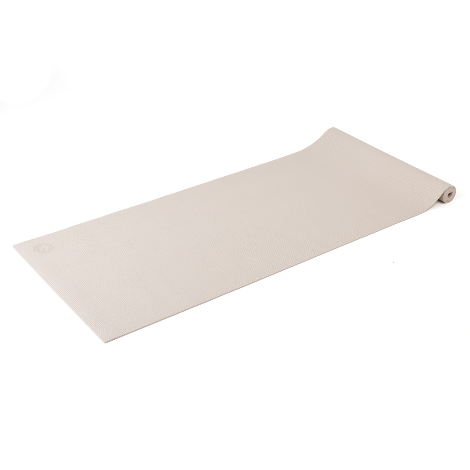 Ausgerollte, beige Yogamatte. Bodhi-Logo in der Ecke. Geriffelte Oberfläche.