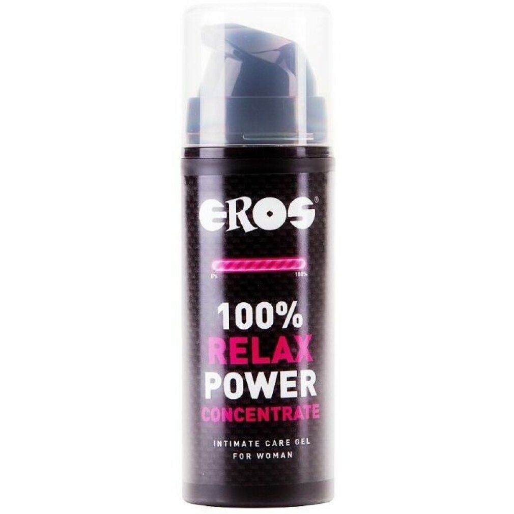Dunkle Flasche mit Dosierpumpe. Aufschrift: EROS, 100% RELAX POWER CONCENTRATE, Intimate Care Gel for Women.