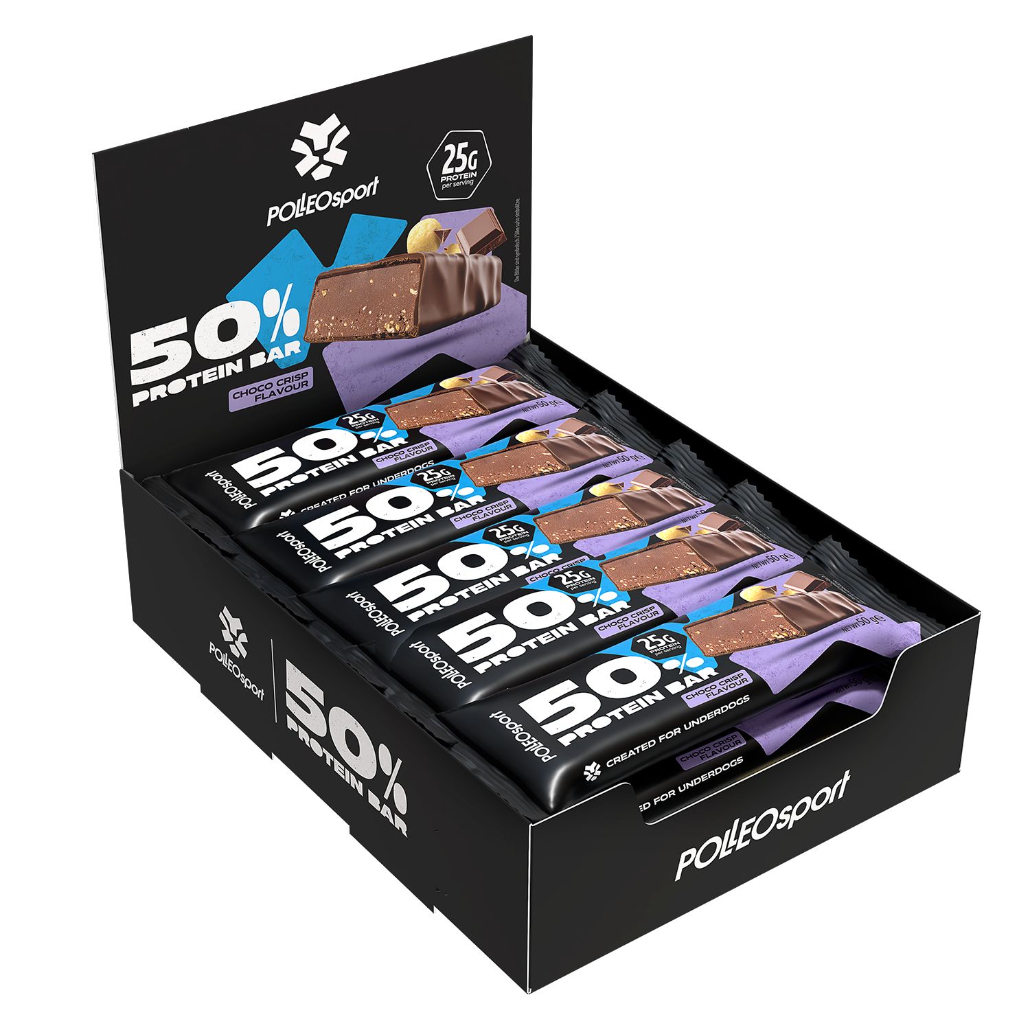 Polleo Sport 50% Protein Bar, Choco Crisp Flavour. Display-Box mit mehreren Proteinriegeln. 25g Protein pro Riegel.
