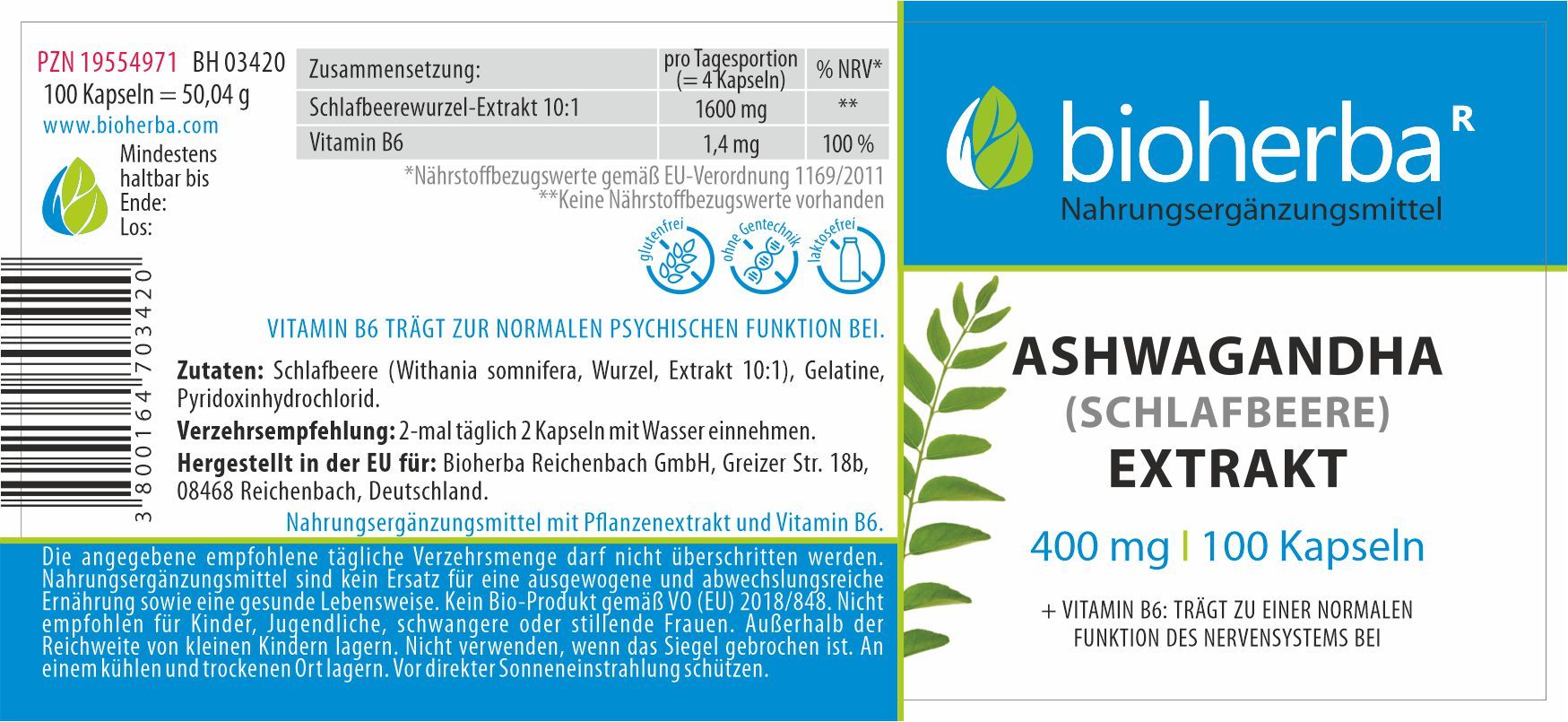 Rückseite der Bioherba Ashwagandha Extrakt Kapseln mit Nährwertangaben und Inhaltsstoffen.