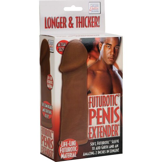 Verlängerung und Verdickung aus TPR. Verpackung mit Produktabbildung und Text: "Futuristic Penis Extender".