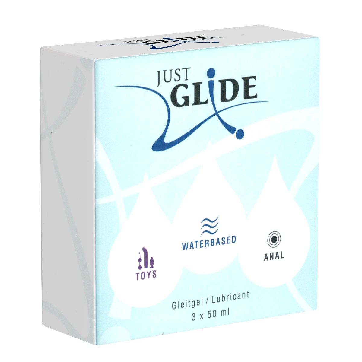 Verpackung mit drei Gleitgel-Tuben. Aufschrift: JUST GLIDE. Varianten: Wasserbasiert, Anal, Toys. Gleitgel/Lubricant 3 x 50 ml.