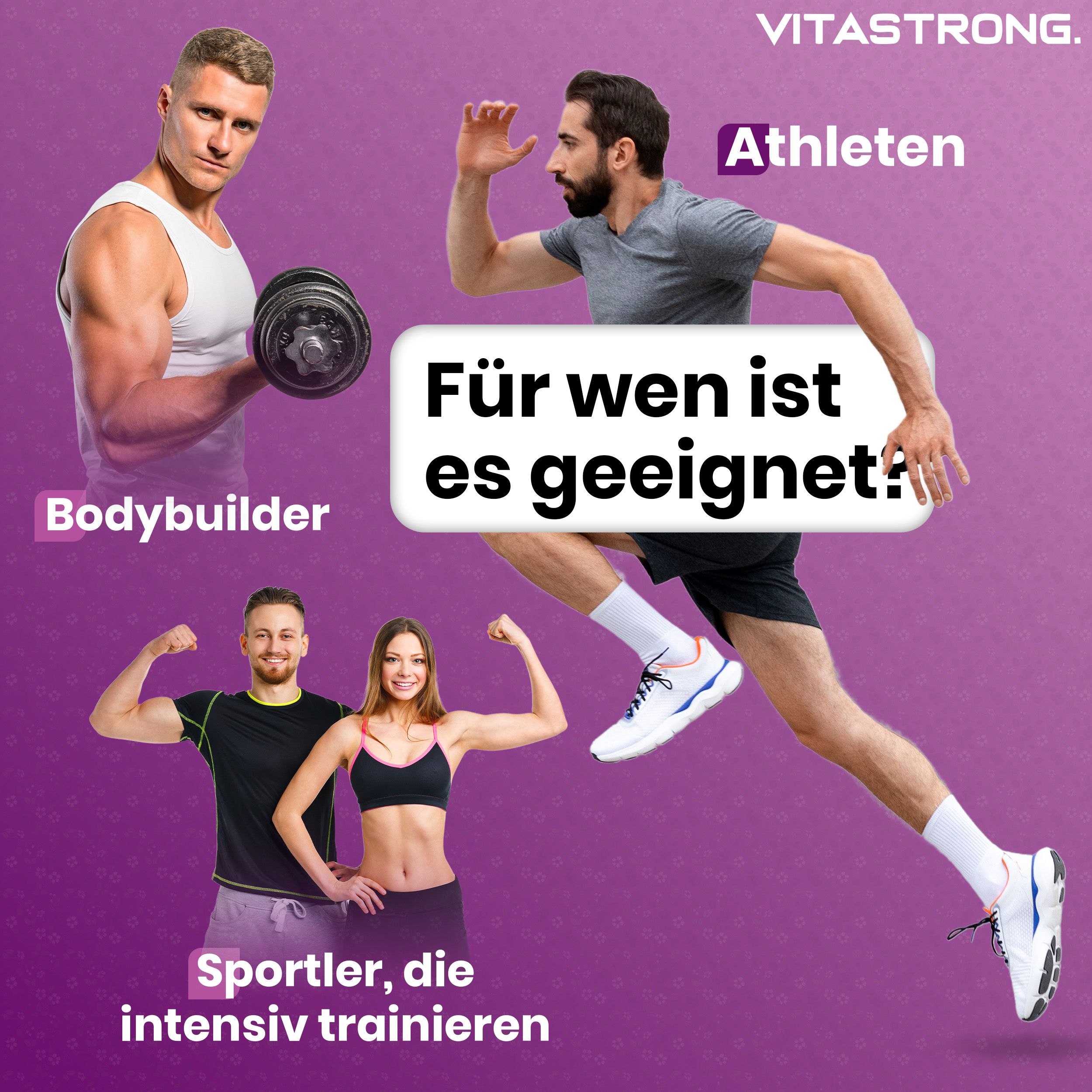 Athleten, Bodybuilder und Sportler. Text: Für wen ist es geeignet? Vitastrong EAA Pro.
