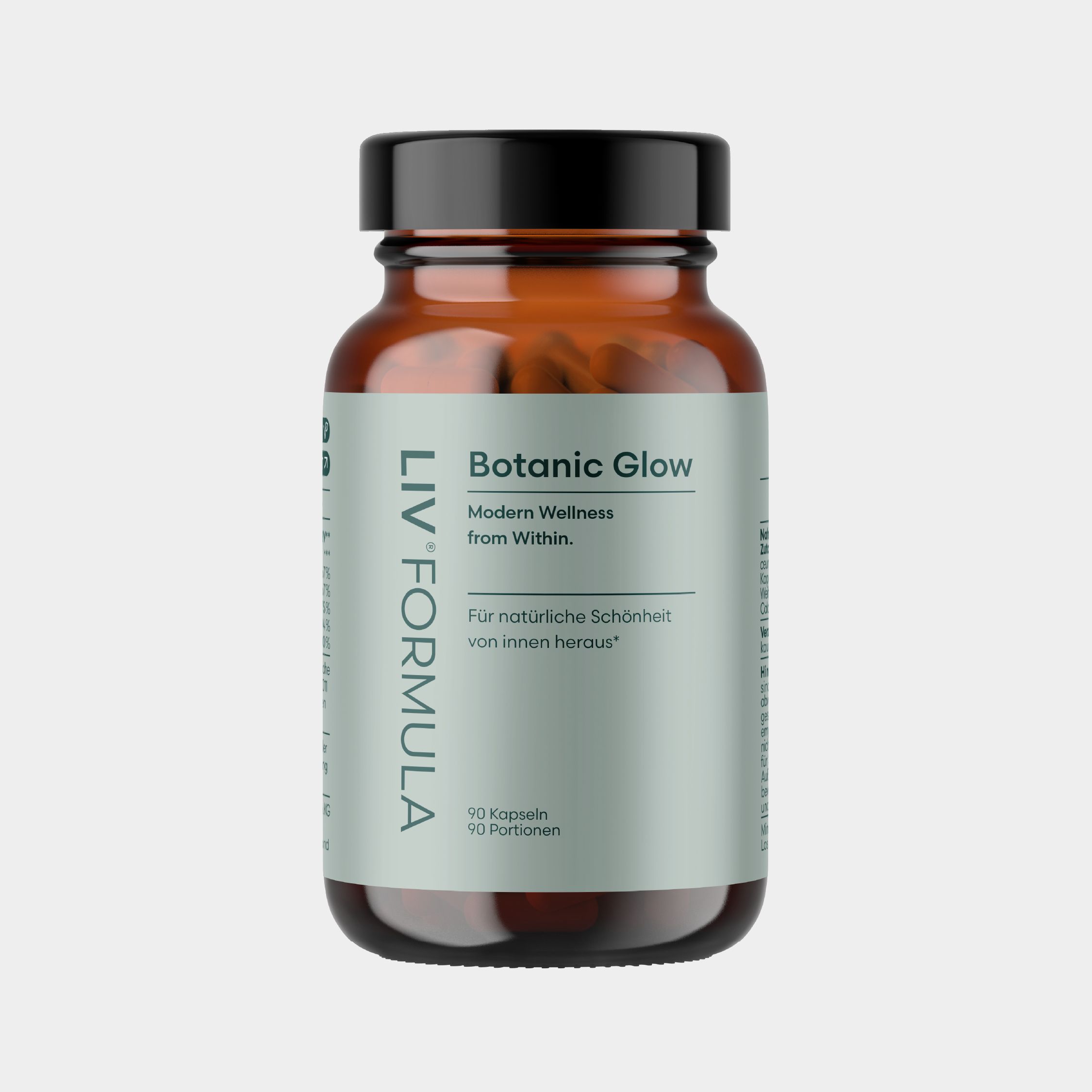 Braune Glasflasche mit LIV NATURAL Botanic Glow Kapseln auf hellem Hintergrund.