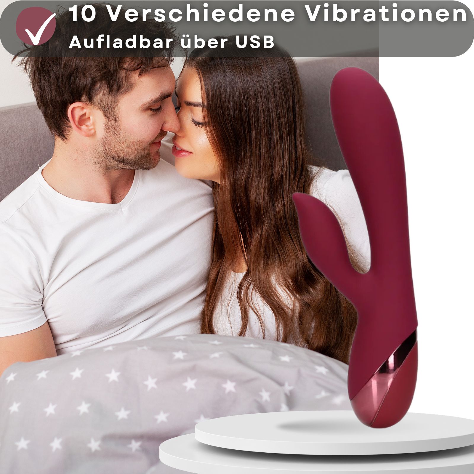 Burgunderroter Vibrator. 10 Vibrationsmodi, USB-Aufladung. Im Kontext.