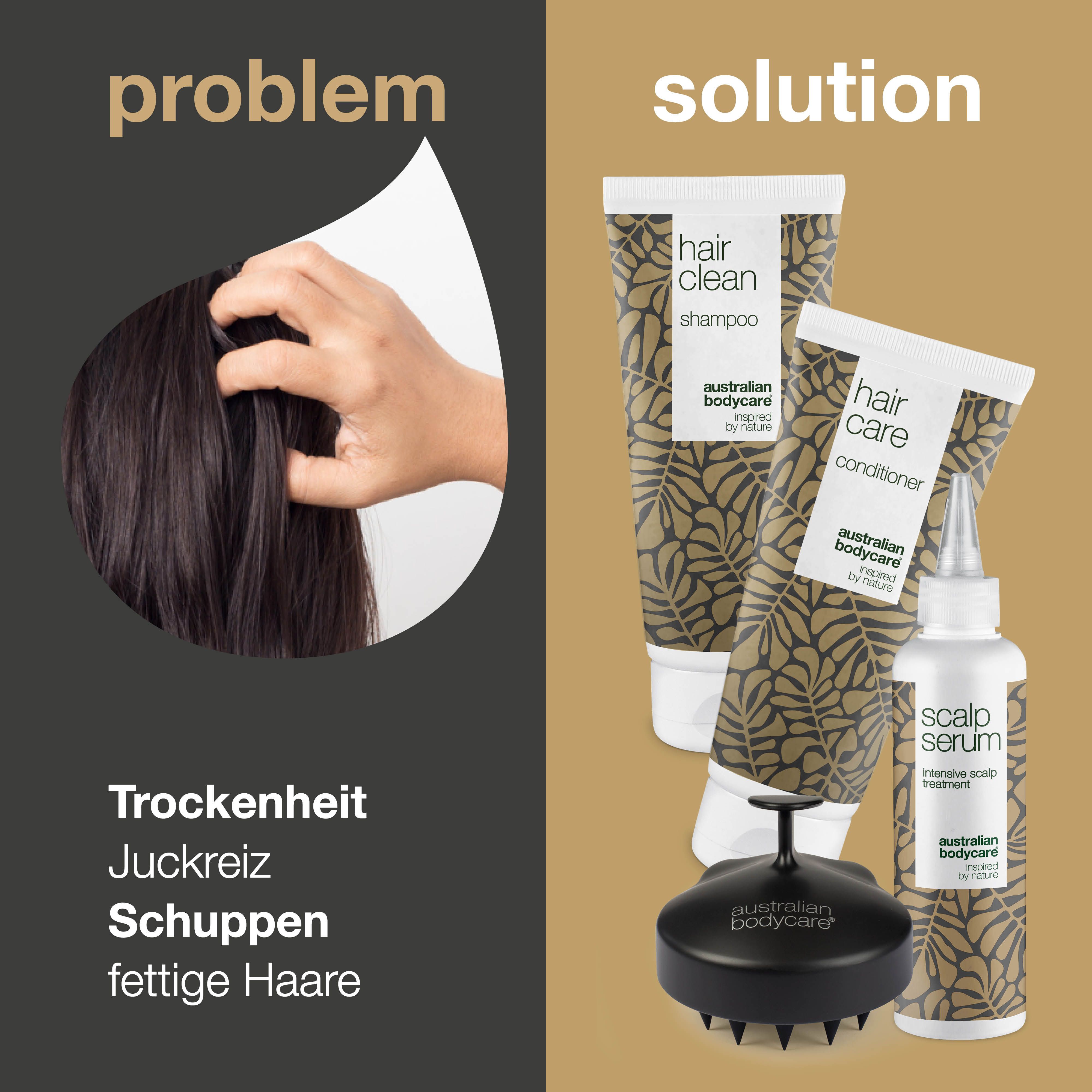 Problem-Lösungs-Bild. Frau berührt Kopf. Produkte: Shampoo, Conditioner, Serum und Kopfhautbürste.