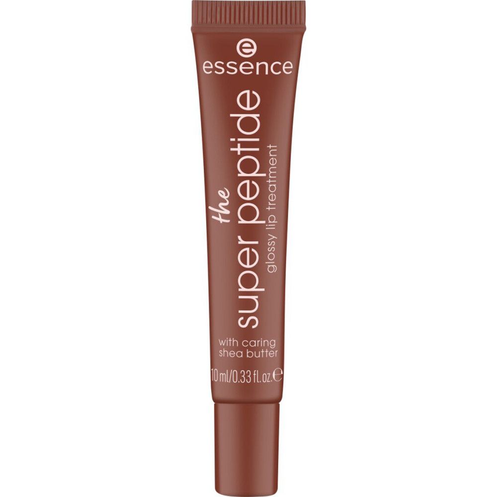 Braune Tube mit Produktnamen und Schriftzug. Enthält Shea Butter. Marke: Essence. Glossy Lip Treatment.