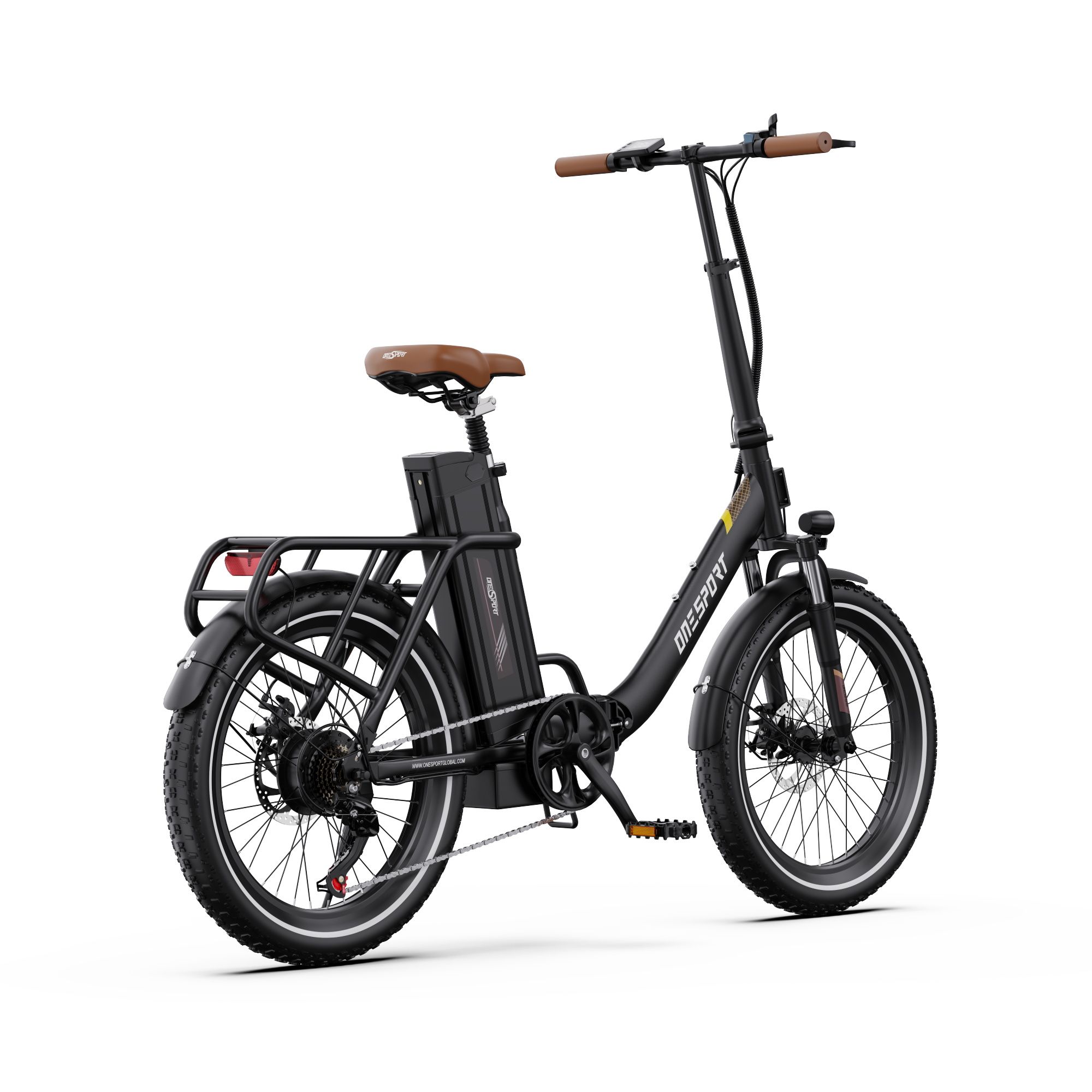 Schwarzes Elektrofahrrad mit braunem Sattel. Marke ONESPORT sichtbar. Rückansicht.