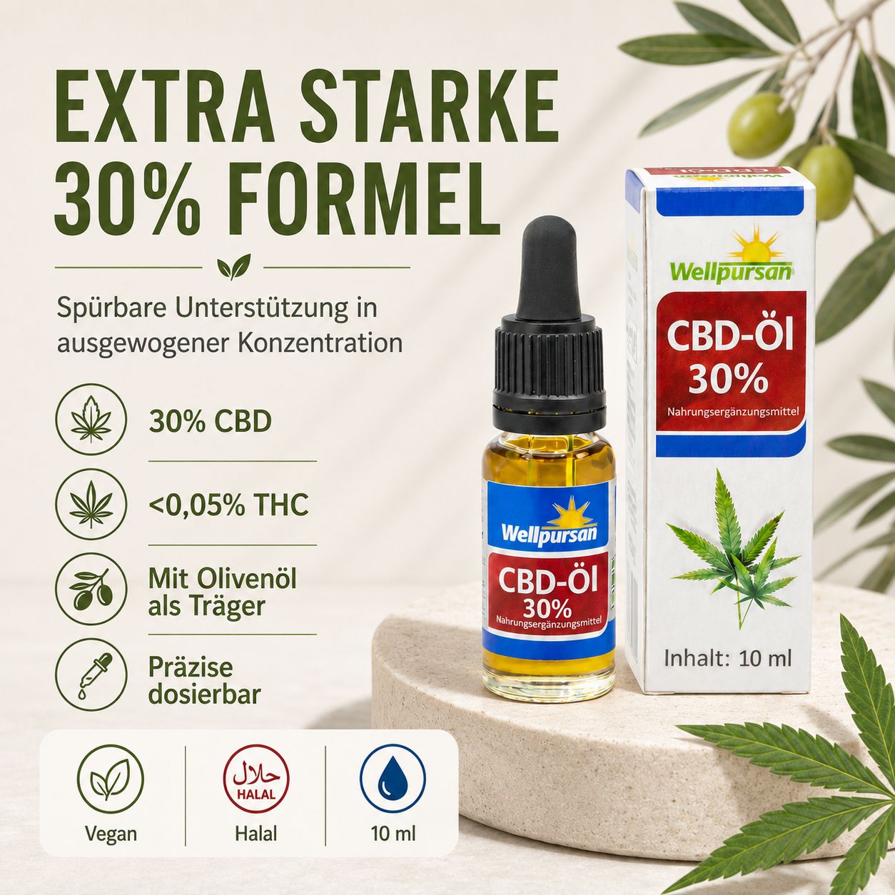 Wellpursan CBD-Öl 30% mit Pipette, Faltschachtel, Icons für 30% CBD, <0,05% THC, Olivenöl, Vegan, Halal.