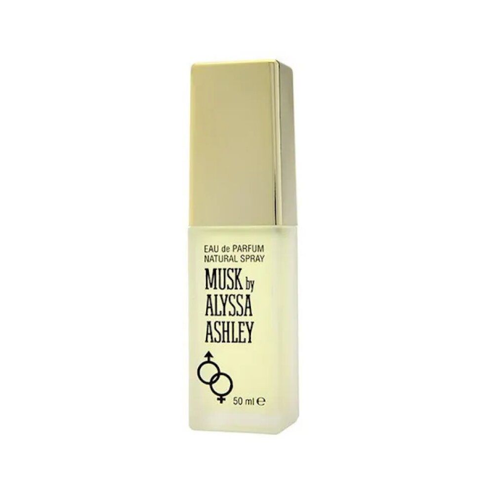 Alyssa Ashley Musk Eau de Parfum Spray. Zylindrischer Flakon mit goldener Kappe. Schwarzes Etikett mit Logo.