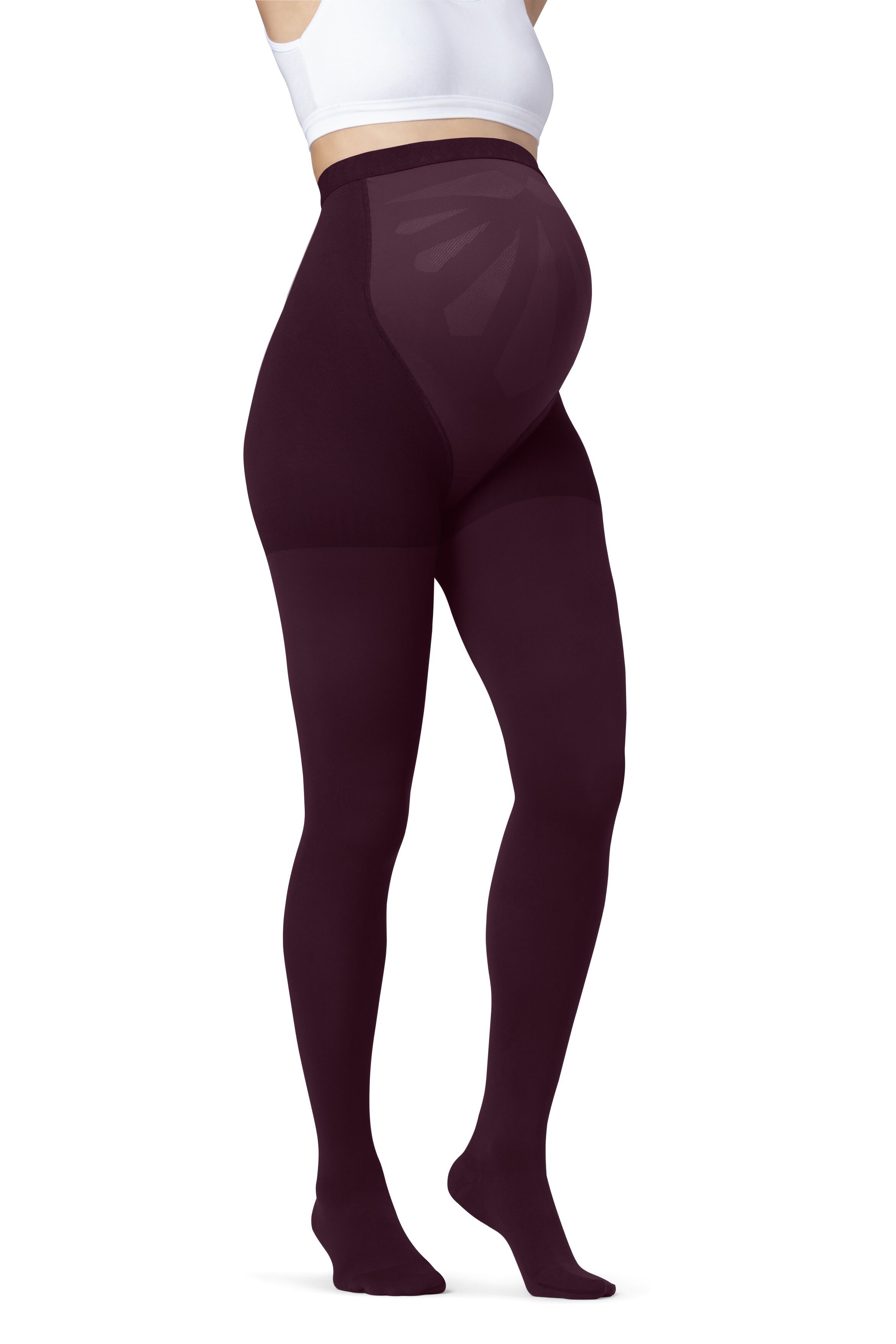 Burgunderfarbene JOBST Maternity Opaque Kompressions-Strumpfhose. Bauchbereich mit Musterung. Seitliche Ansicht einer Person.