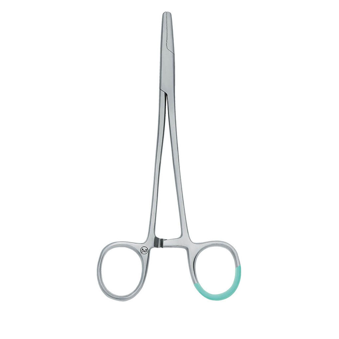 Mayo-Hegar Nadelhalter, 14 cm, aus Edelstahl. Grüne Griffringe. Instrument zur medizinischen Verwendung.