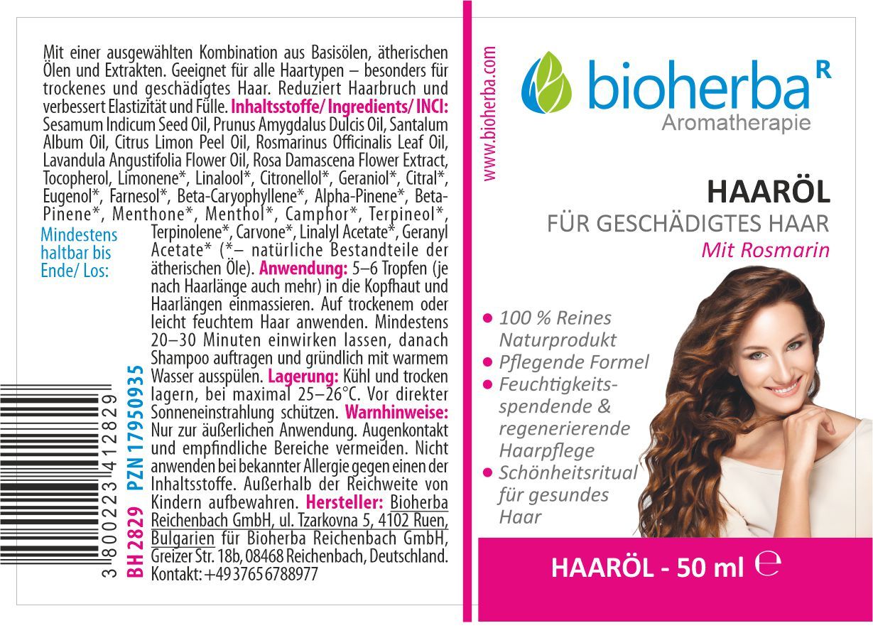 Etikett mit Produktname, Logo und Abbildung einer Frau mit langen, braunen Haaren. Text in deutscher Sprache.