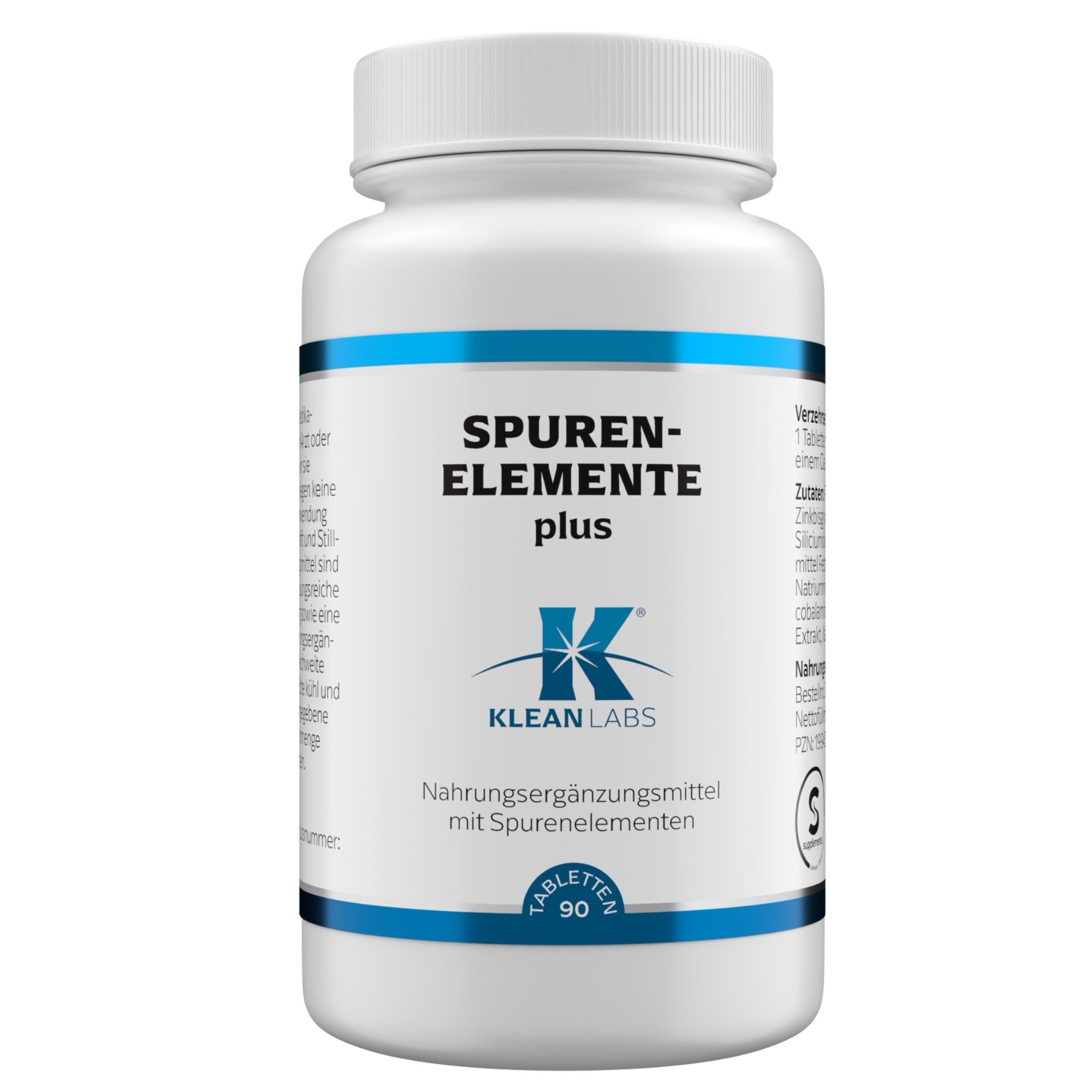 Weiße Flasche mit blauem Streifen und Aufschrift SPUREN-ELEMENTE plus. Klean Labs Logo. 90 Tabletten.