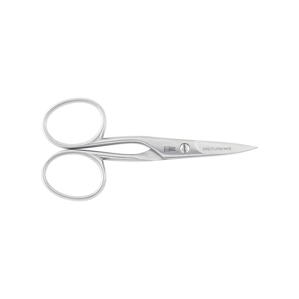 Nagelschere für Linkshänder. Metallfarben. Abgerundete Griffe, spitz zulaufende Klingen. Marke DREITURM Solingen.