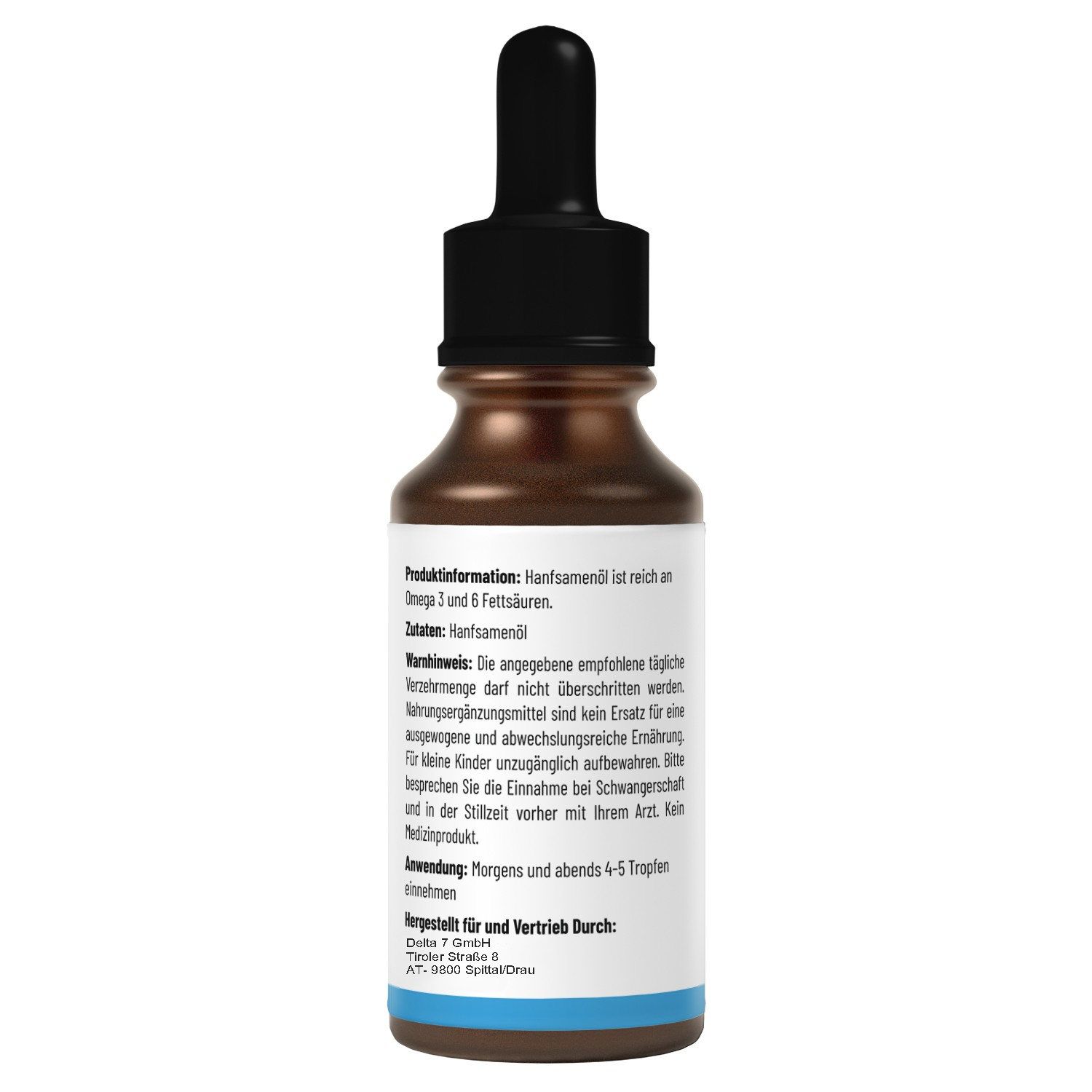 Braune Glasflasche mit schwarzem Tropfer. Rückseite mit Text. Produktinformationen, Inhaltsstoffe, Warnhinweise, Anwendung, Hersteller.